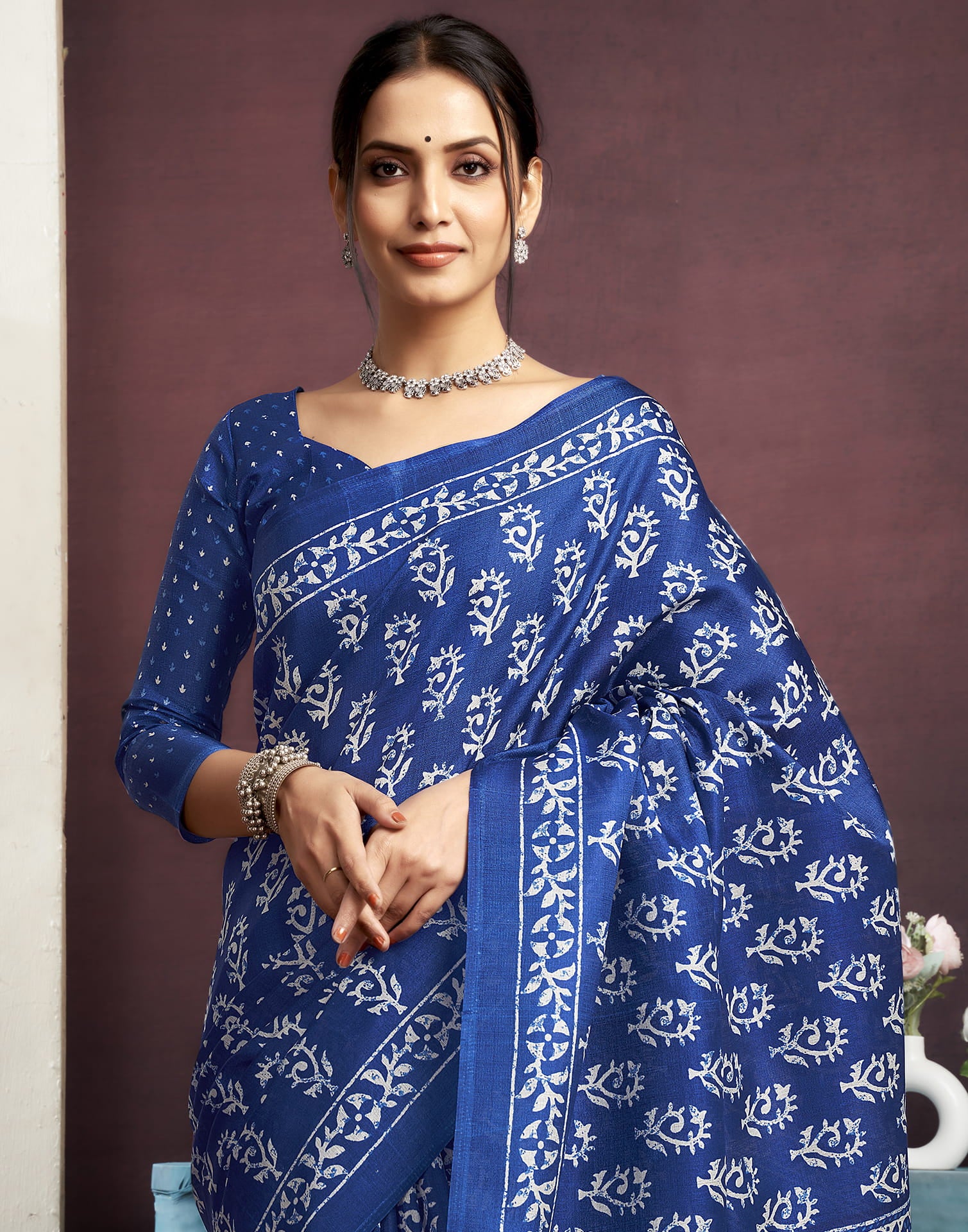 Dark Blue Cotton Printed Saree