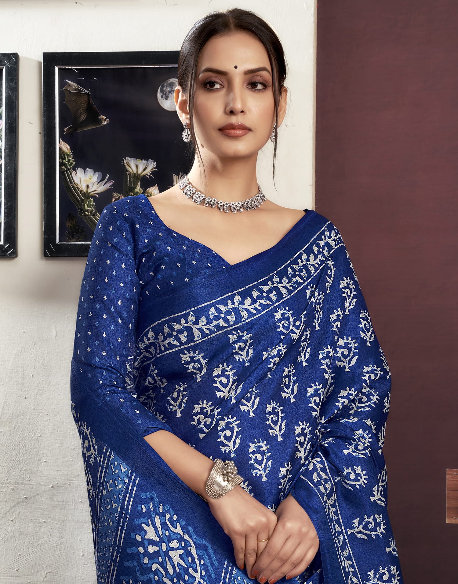 Dark Blue Cotton Printed Saree