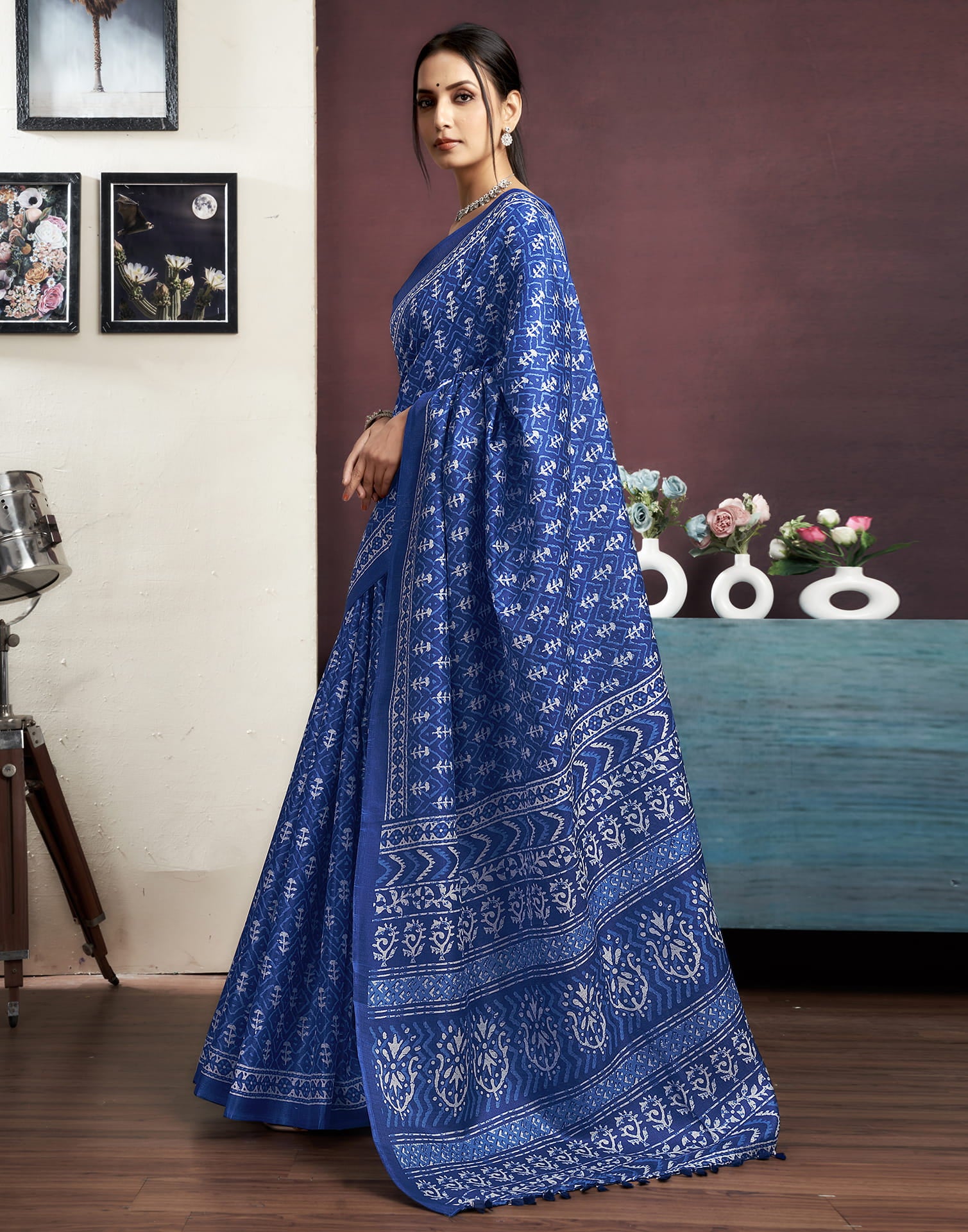 Dark Blue Cotton Printed Saree