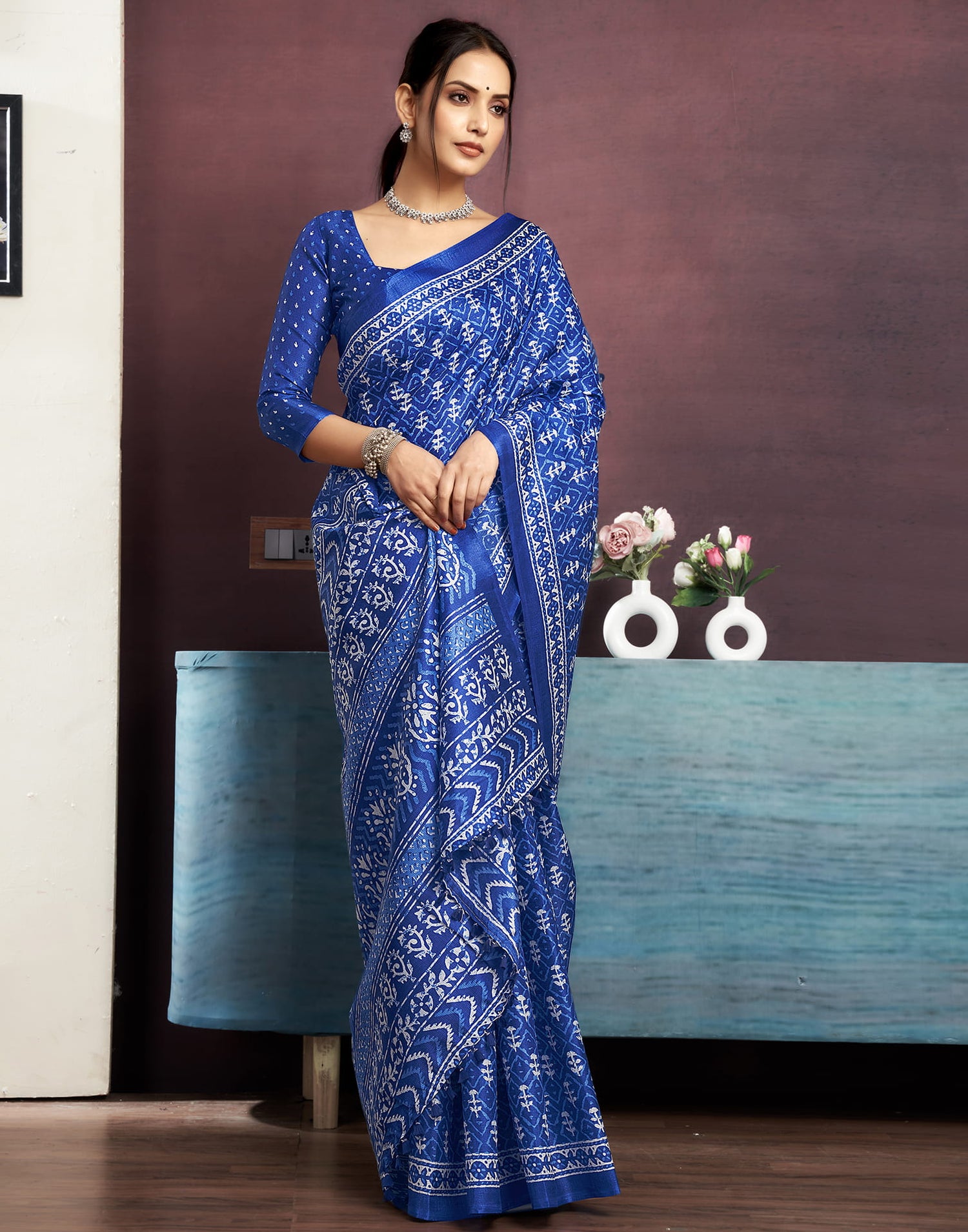 Dark Blue Cotton Printed Saree