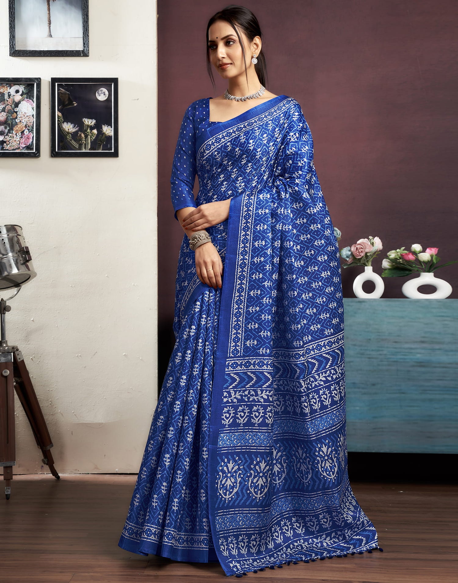 Indigo Cotton Blend Printed Saree