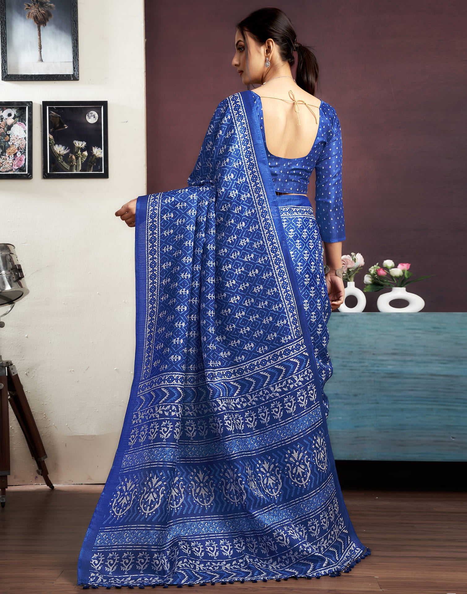 Dark Blue Cotton Printed Saree