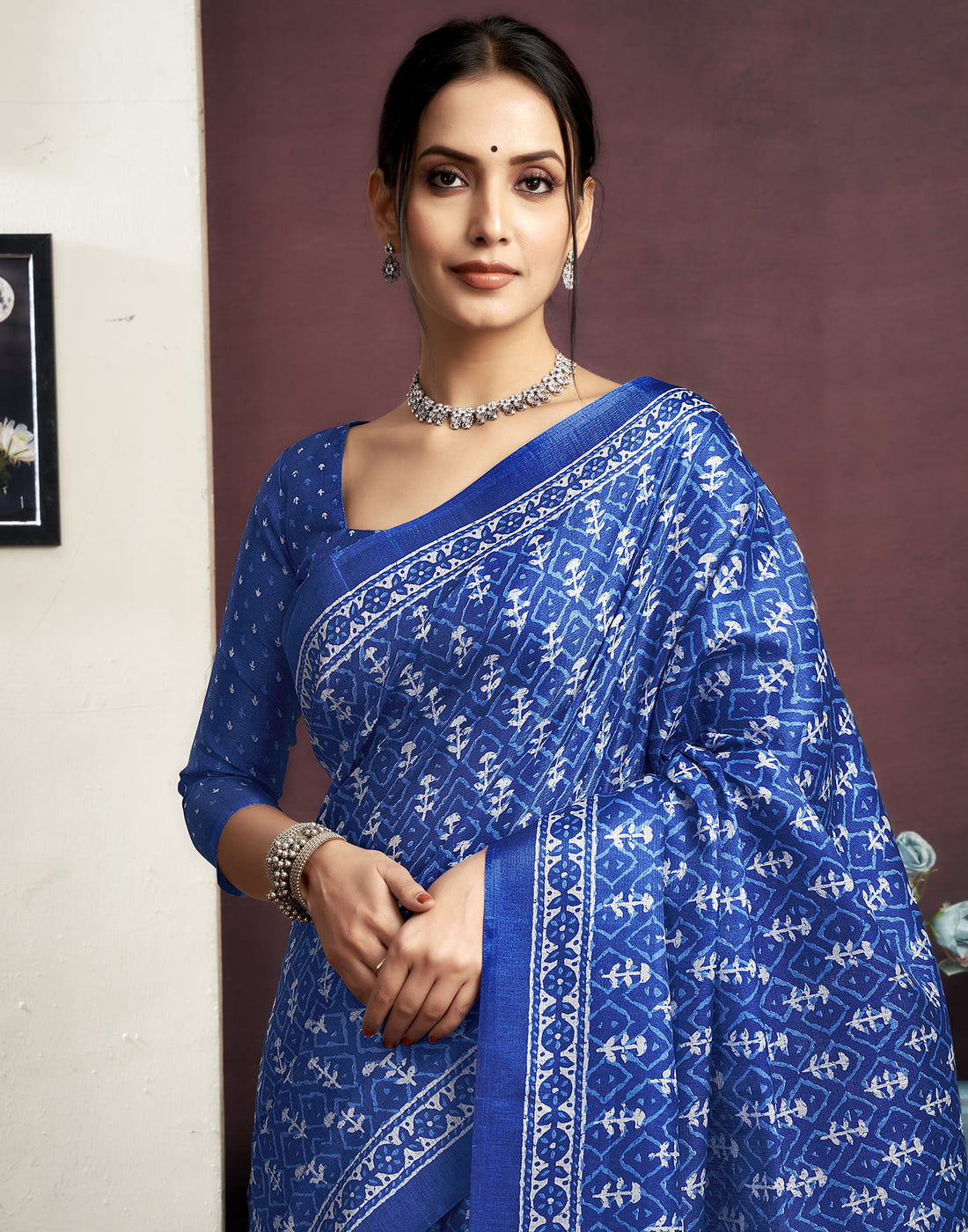 Indigo Cotton Blend Printed Saree