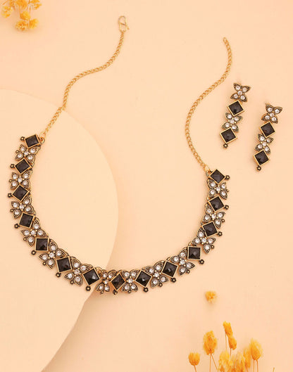 Black Gold Choker Necklace Set With Dangle Earring