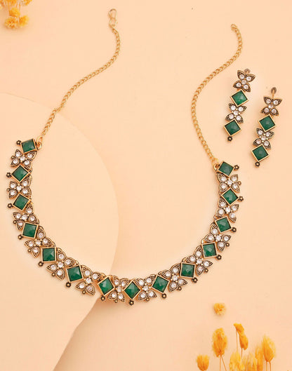 Green Gold Choker Necklace Set With Dangle Earring