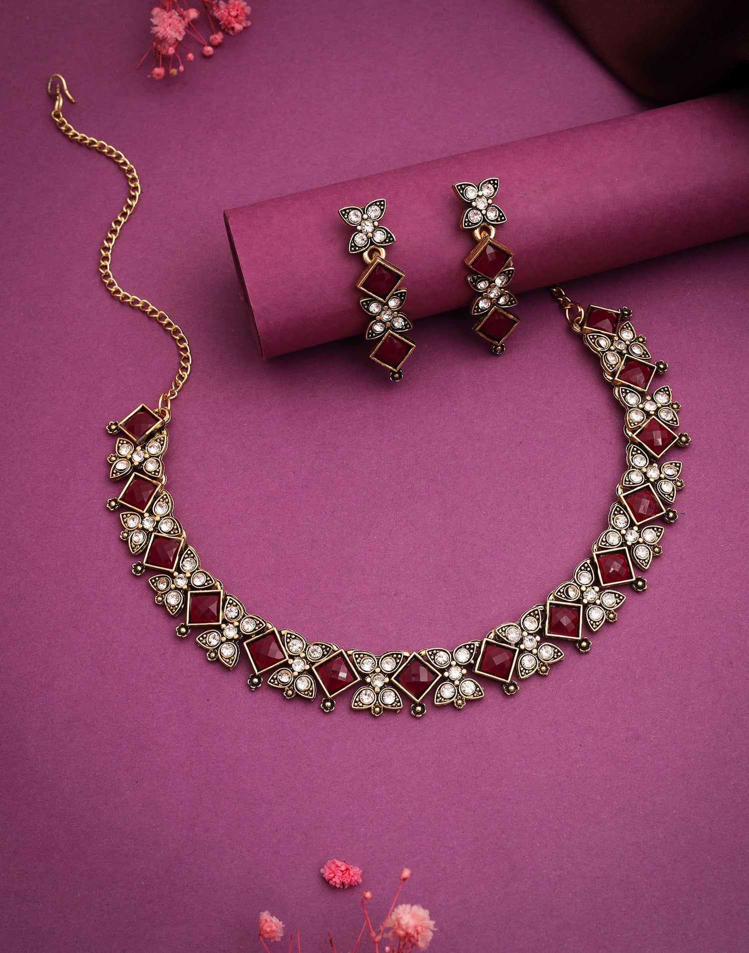 Maroon Gold Choker Necklace Set With Dangle Earring