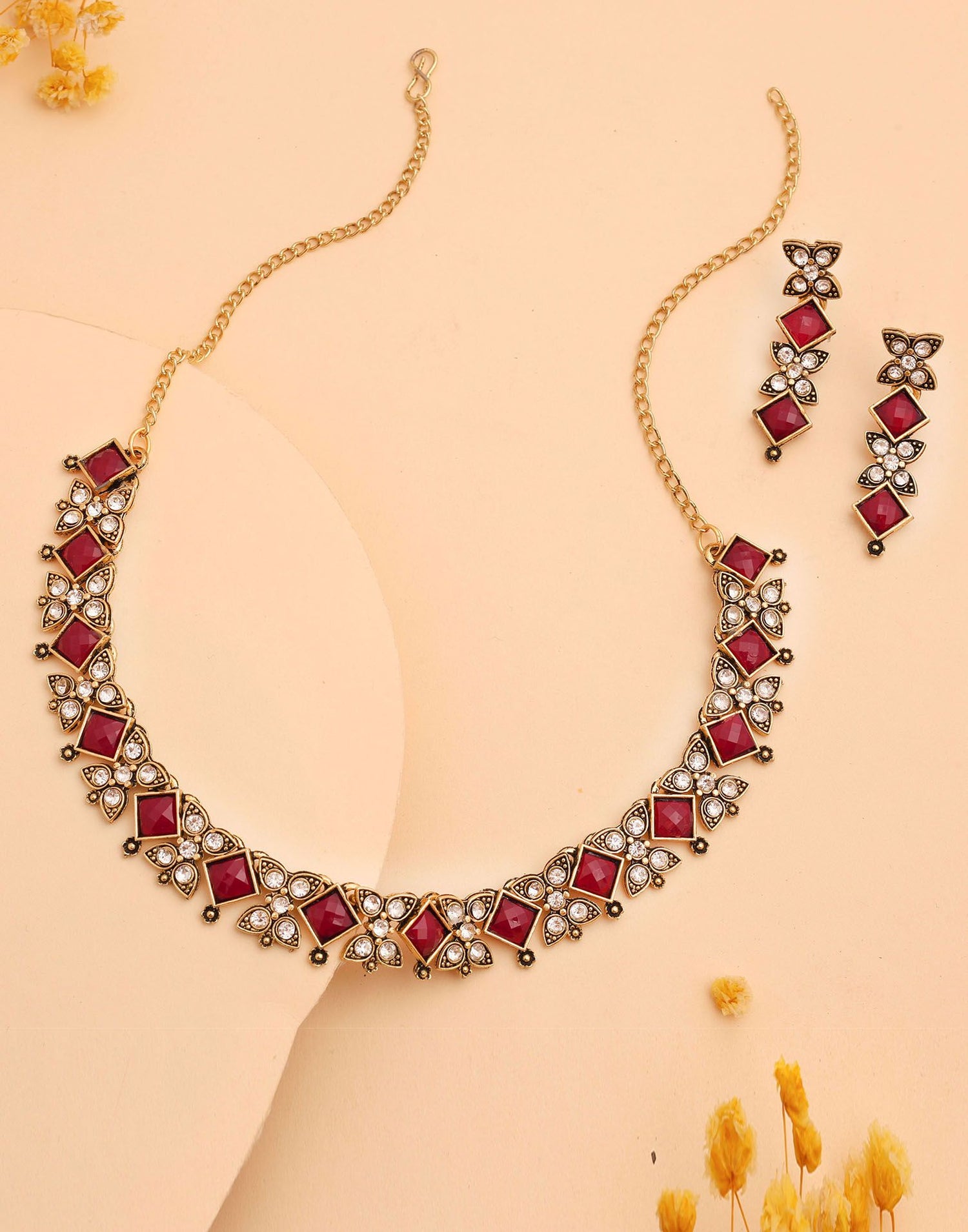 Maroon Gold Choker Necklace Set With Dangle Earring