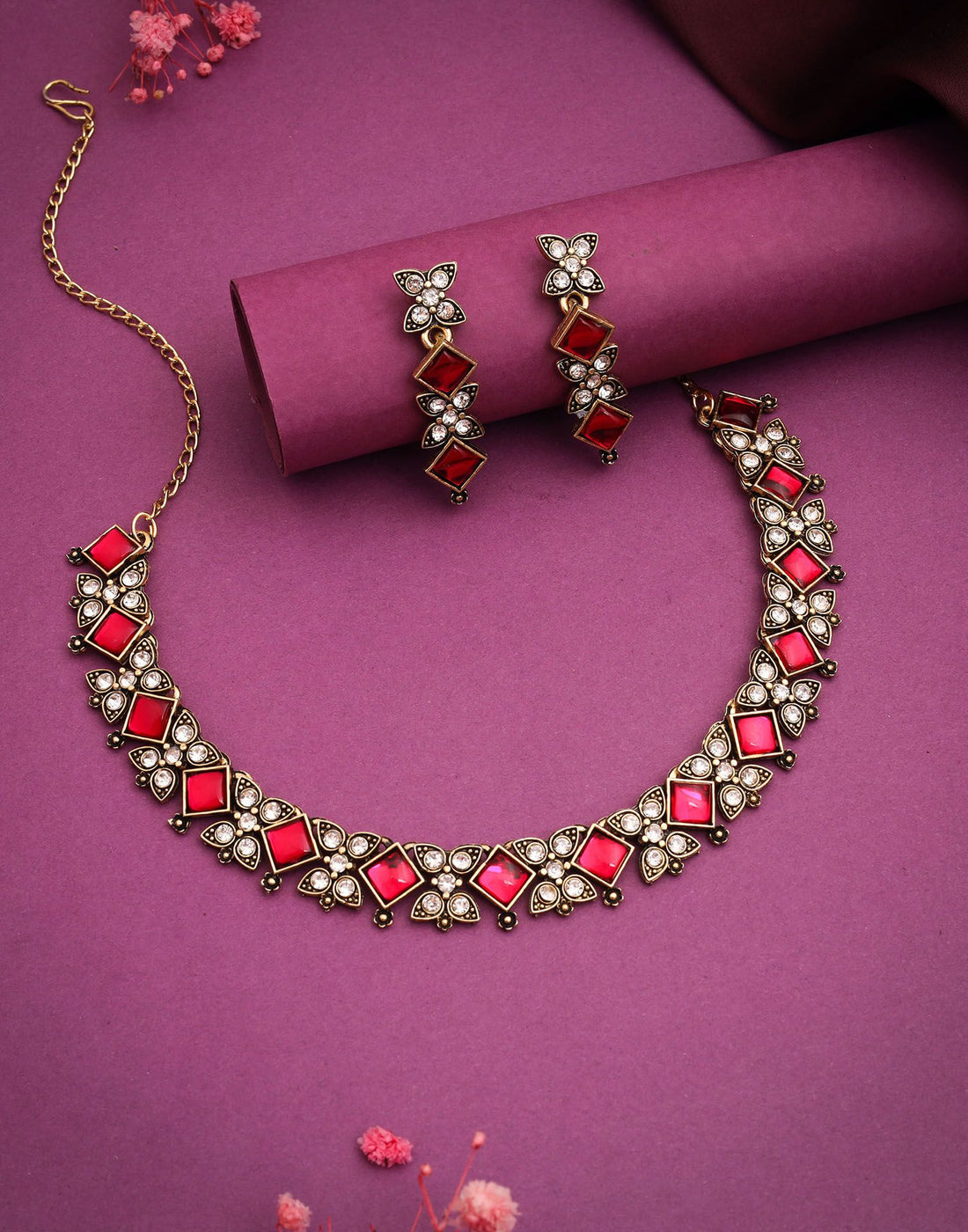 Pink Gold Choker Necklace Set With Dangle Earring