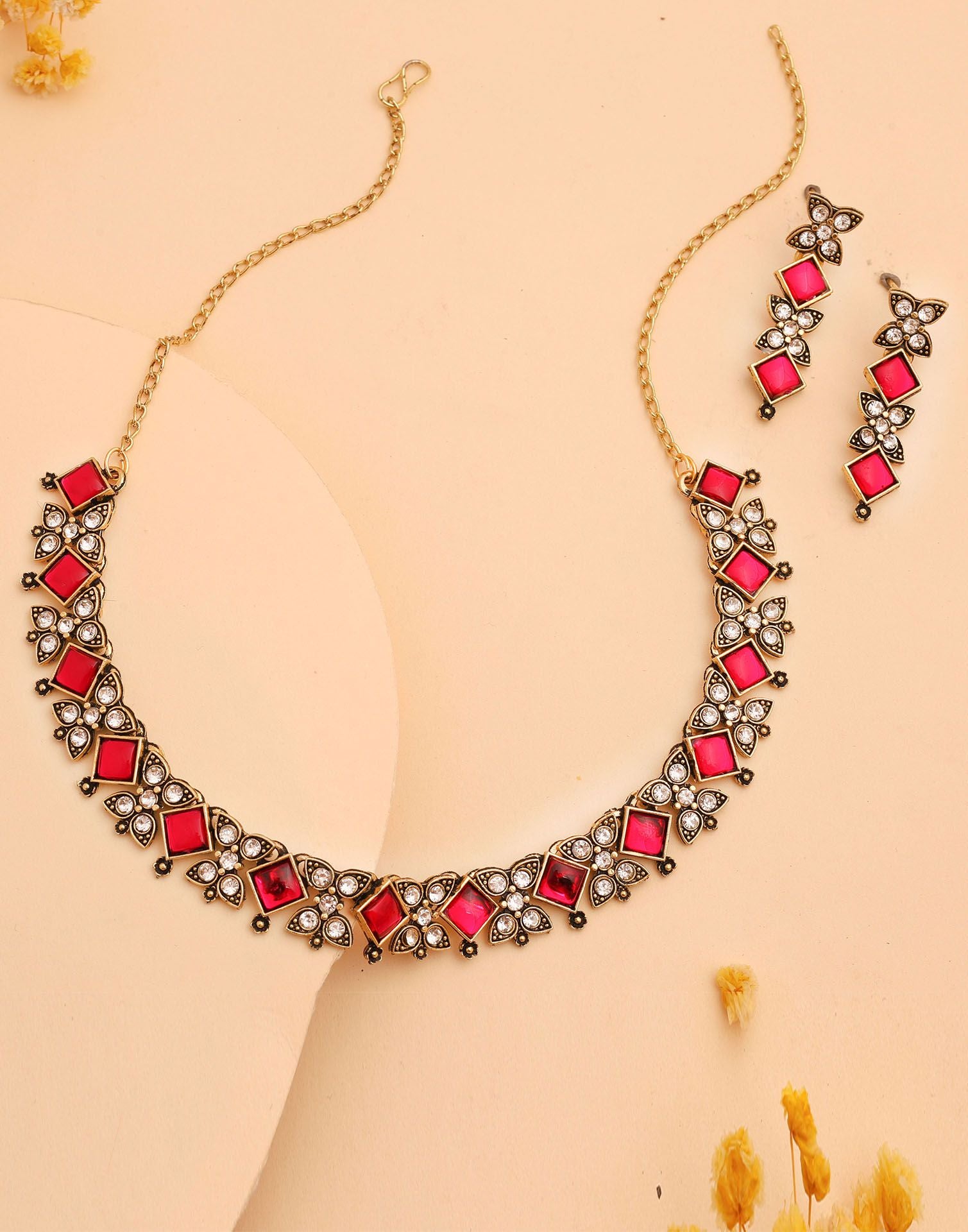 Pink Gold Choker Necklace Set With Dangle Earring