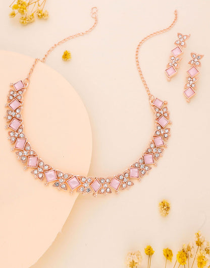 Pink Rose Gold Choker Necklace Set With Dangle Earring