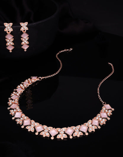 Pink Rose Gold Choker Necklace Set With Dangle Earring