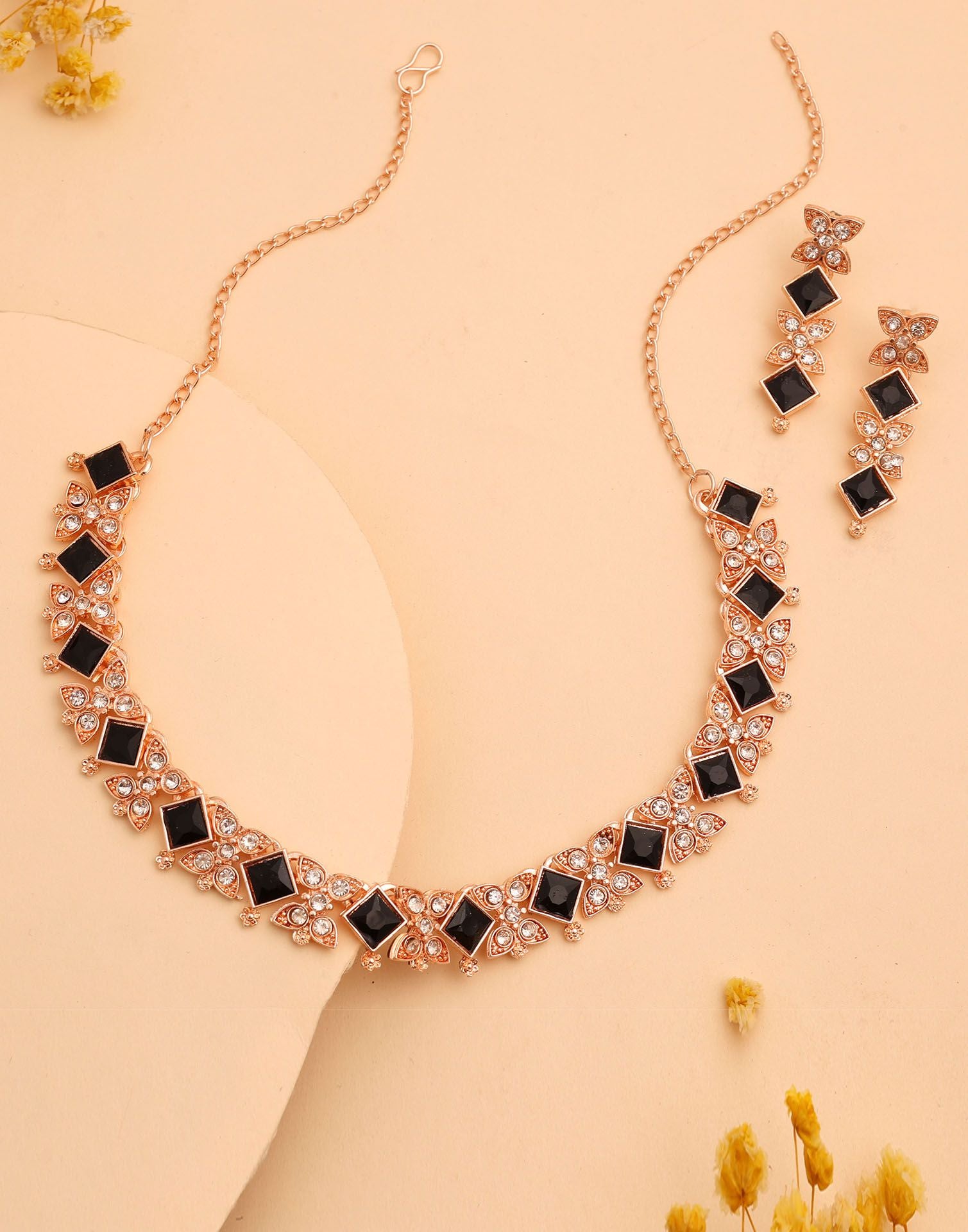 Black Rose Gold Choker Necklace Set With Dangle Earring