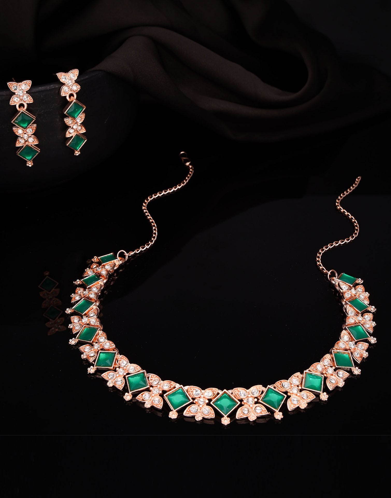 Green Rose Gold Choker Necklace Set With Dangle Earring