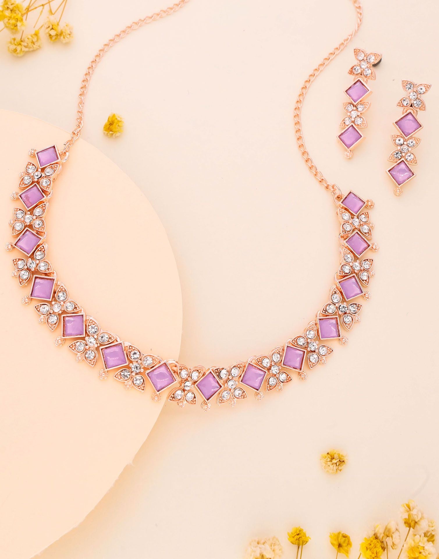 Lavender Rose Gold Choker Necklace Set With Dangle Earring