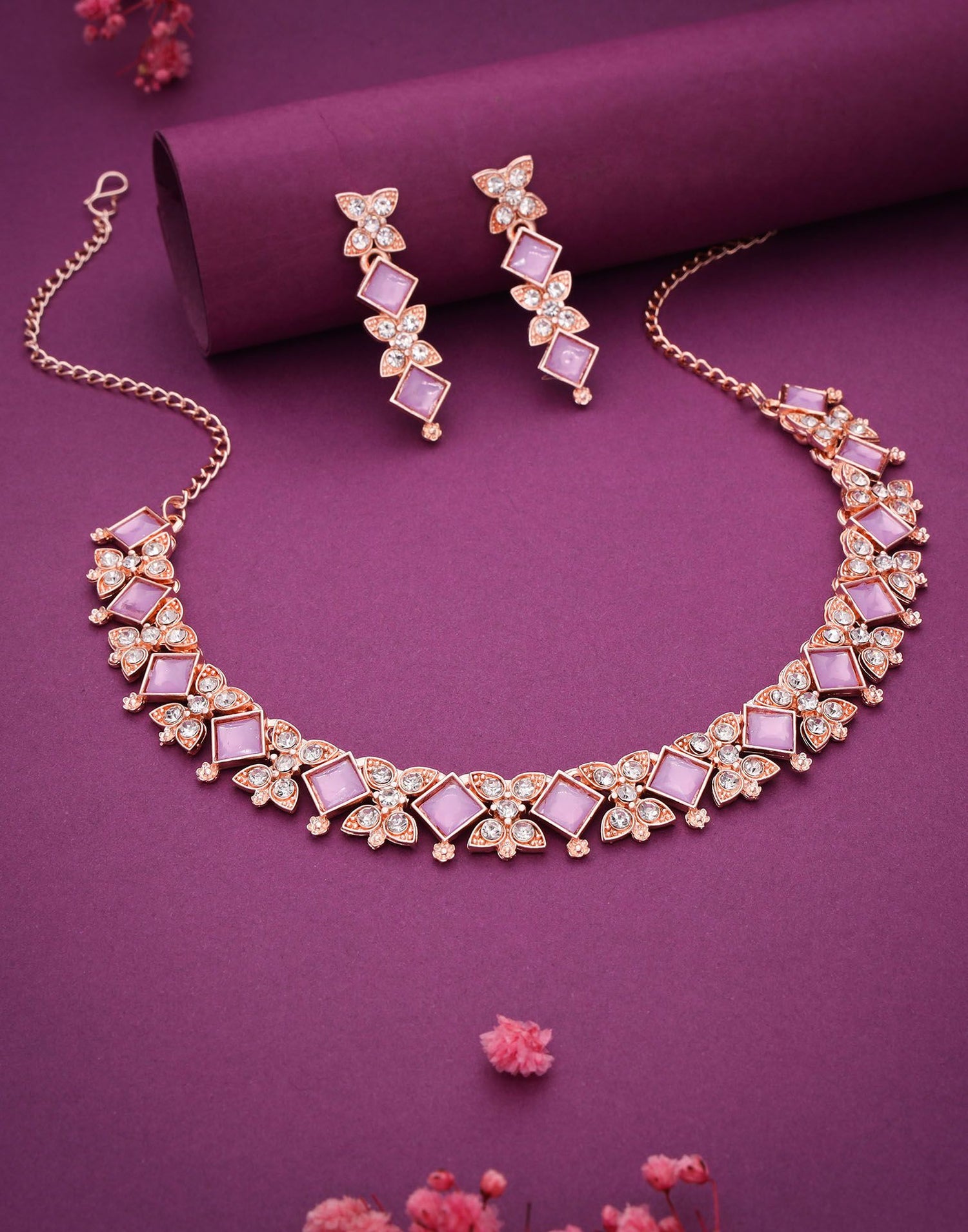 Lavender Rose Gold Choker Necklace Set With Dangle Earring