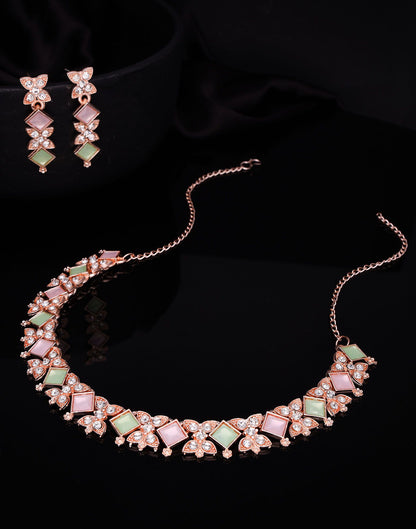 Green Rose Gold Choker Necklace Set With Dangle Earring