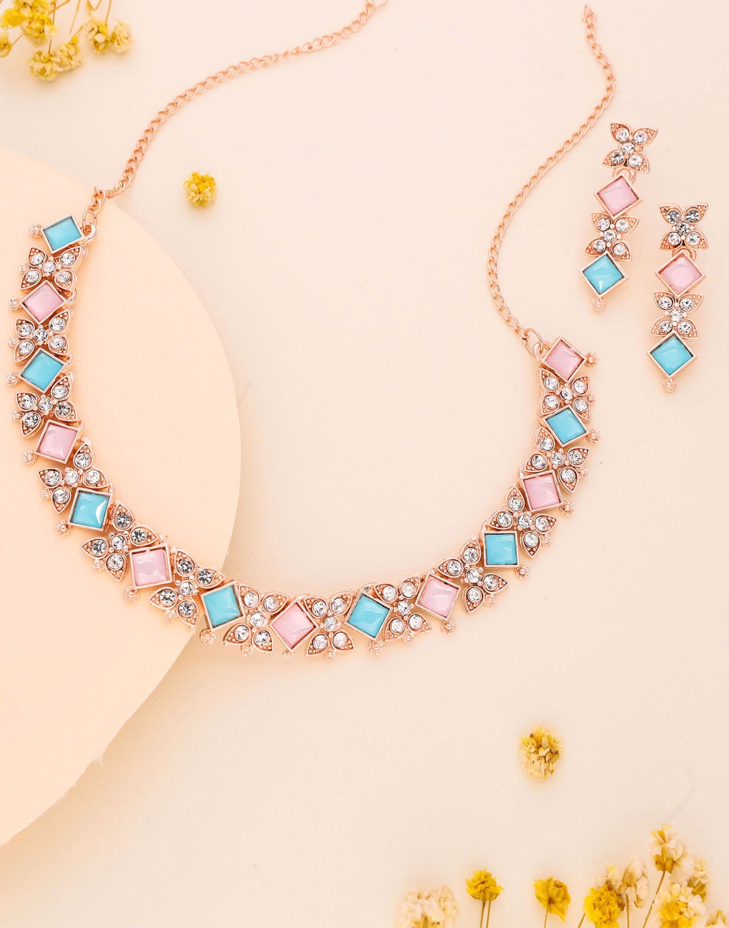 Pink Rose Gold Choker Necklace Set With Dangle Earring