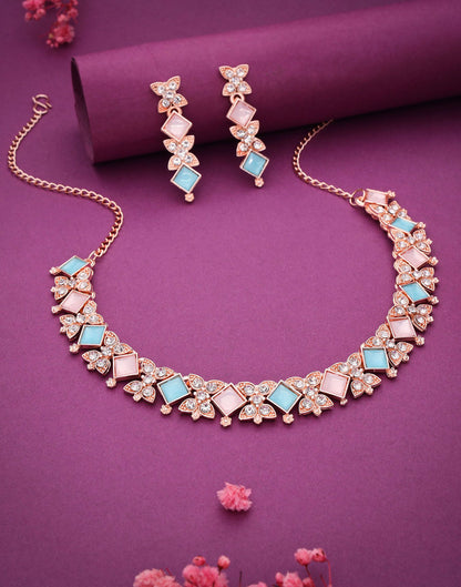 Pink Rose Gold Choker Necklace Set With Dangle Earring