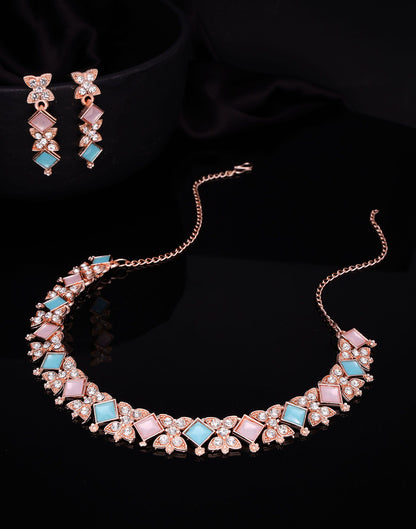 Pink Rose Gold Choker Necklace Set With Dangle Earring