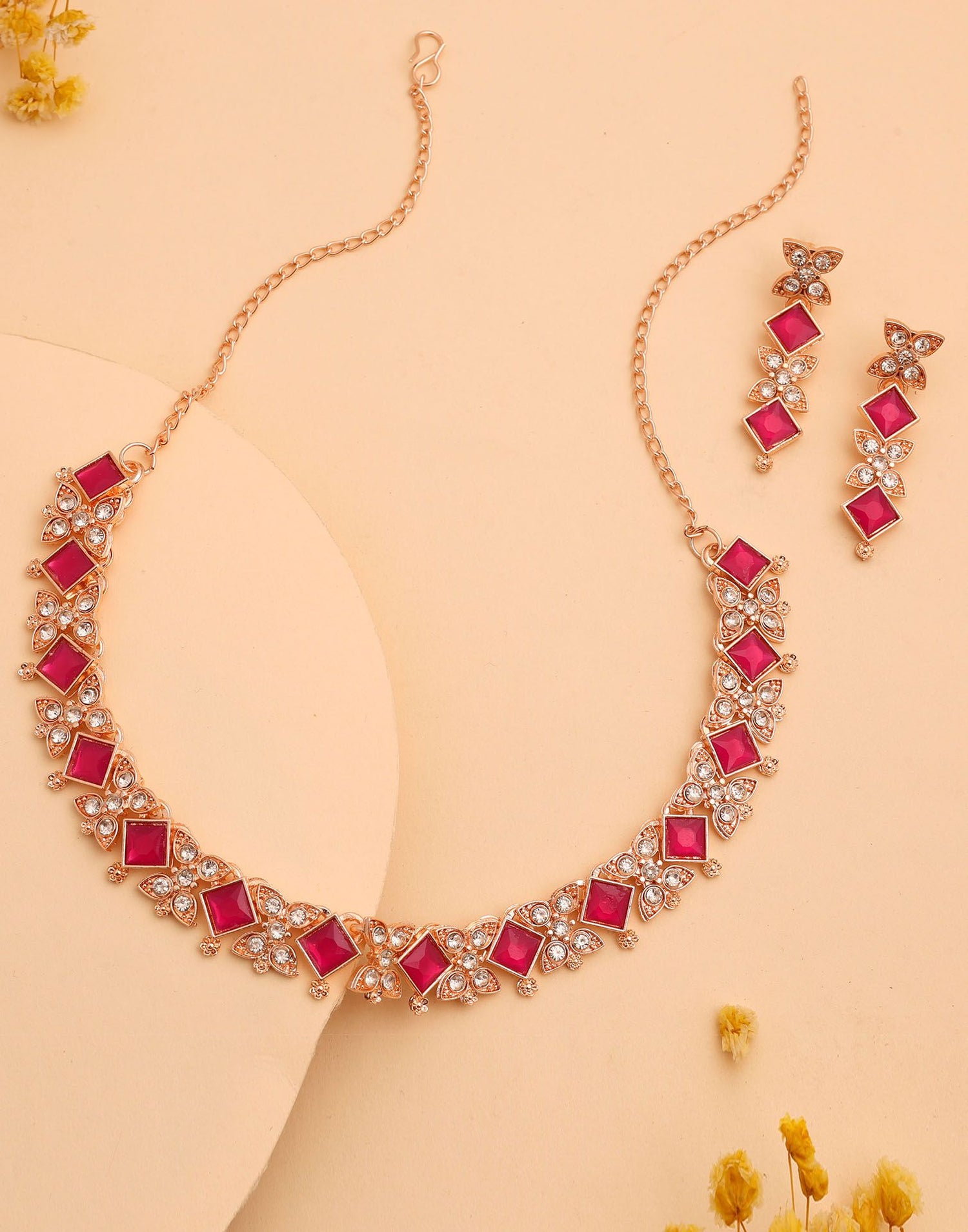 Pink Rose Gold Choker Necklace Set With Dangle Earring