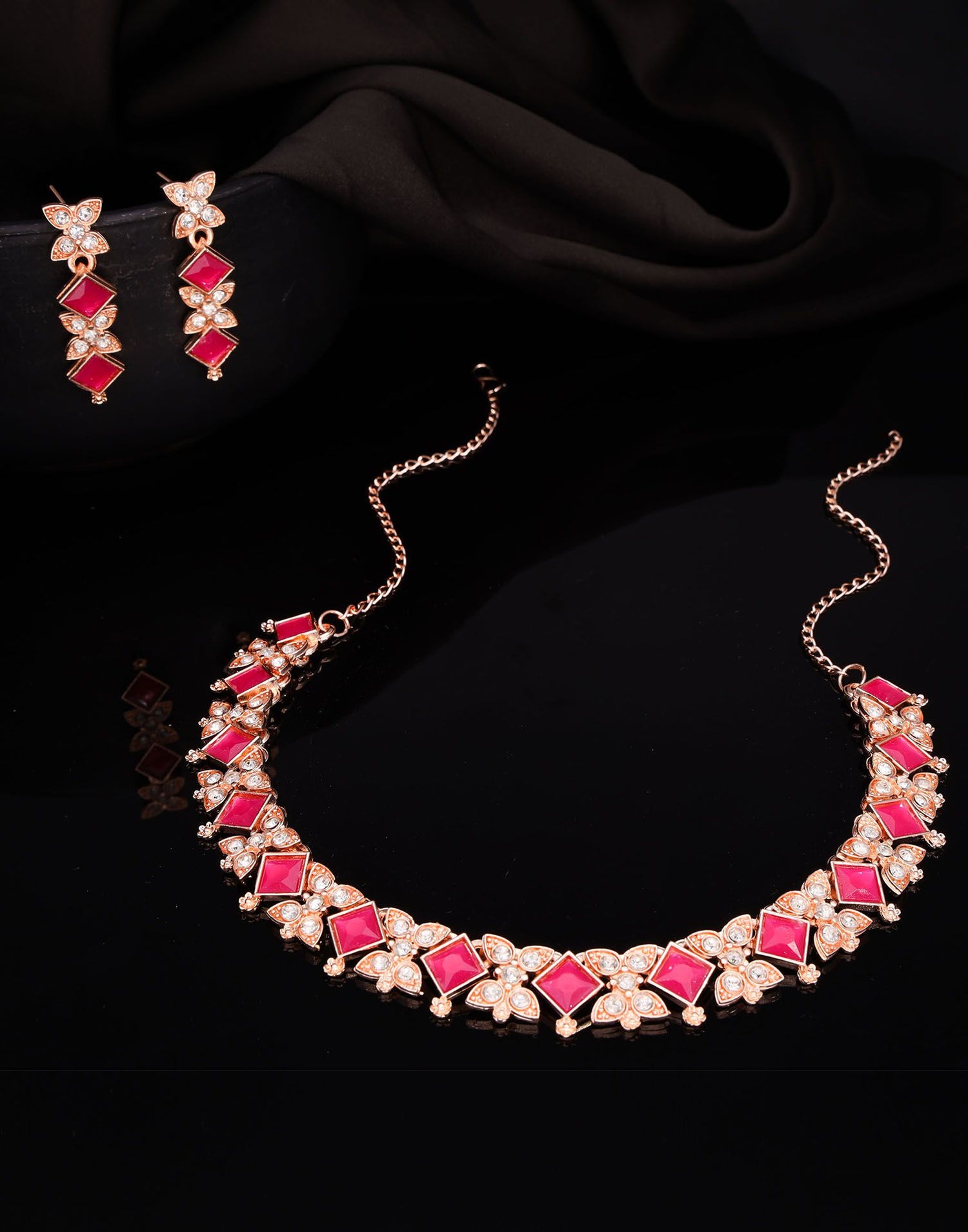 Pink Rose Gold Choker Necklace Set With Dangle Earring