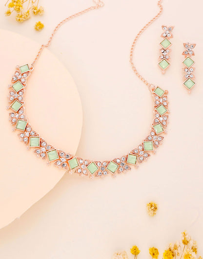 Green Rose Gold Choker Necklace Set With Dangle Earring