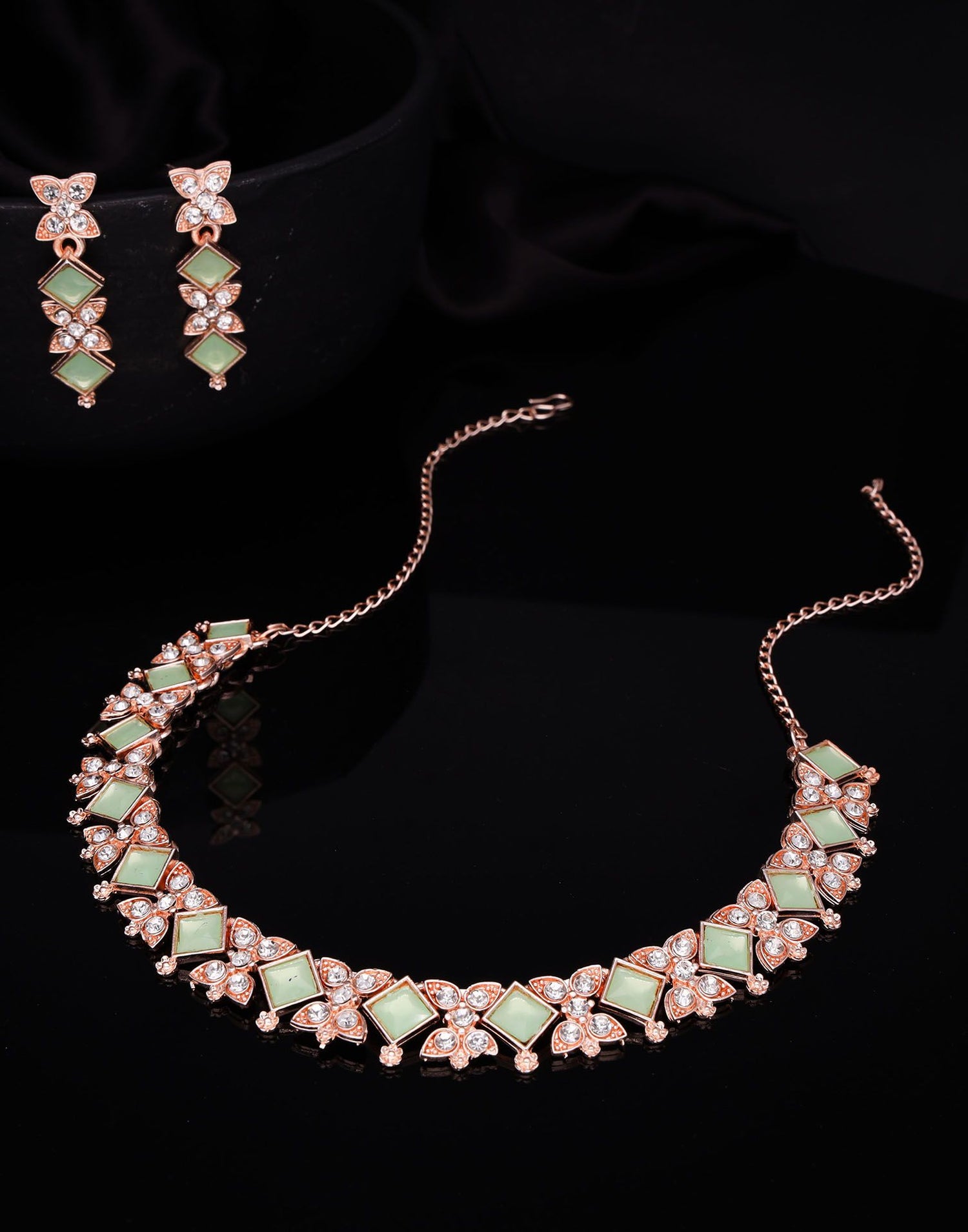 Green Rose Gold Choker Necklace Set With Dangle Earring