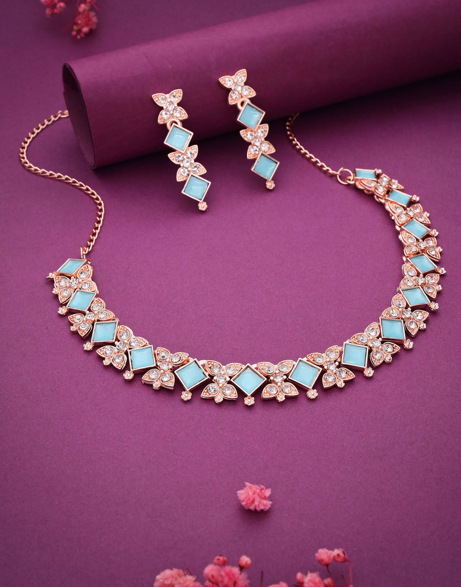 Blue Rose Gold Choker Necklace Set With Dangle Earring