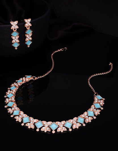 Blue Rose Gold Choker Necklace Set With Dangle Earring