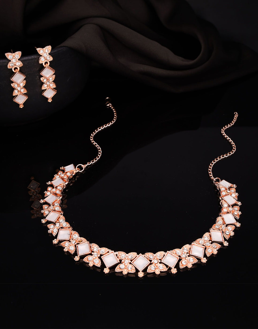 White Rose Gold Choker Necklace Set With Dangle Earring