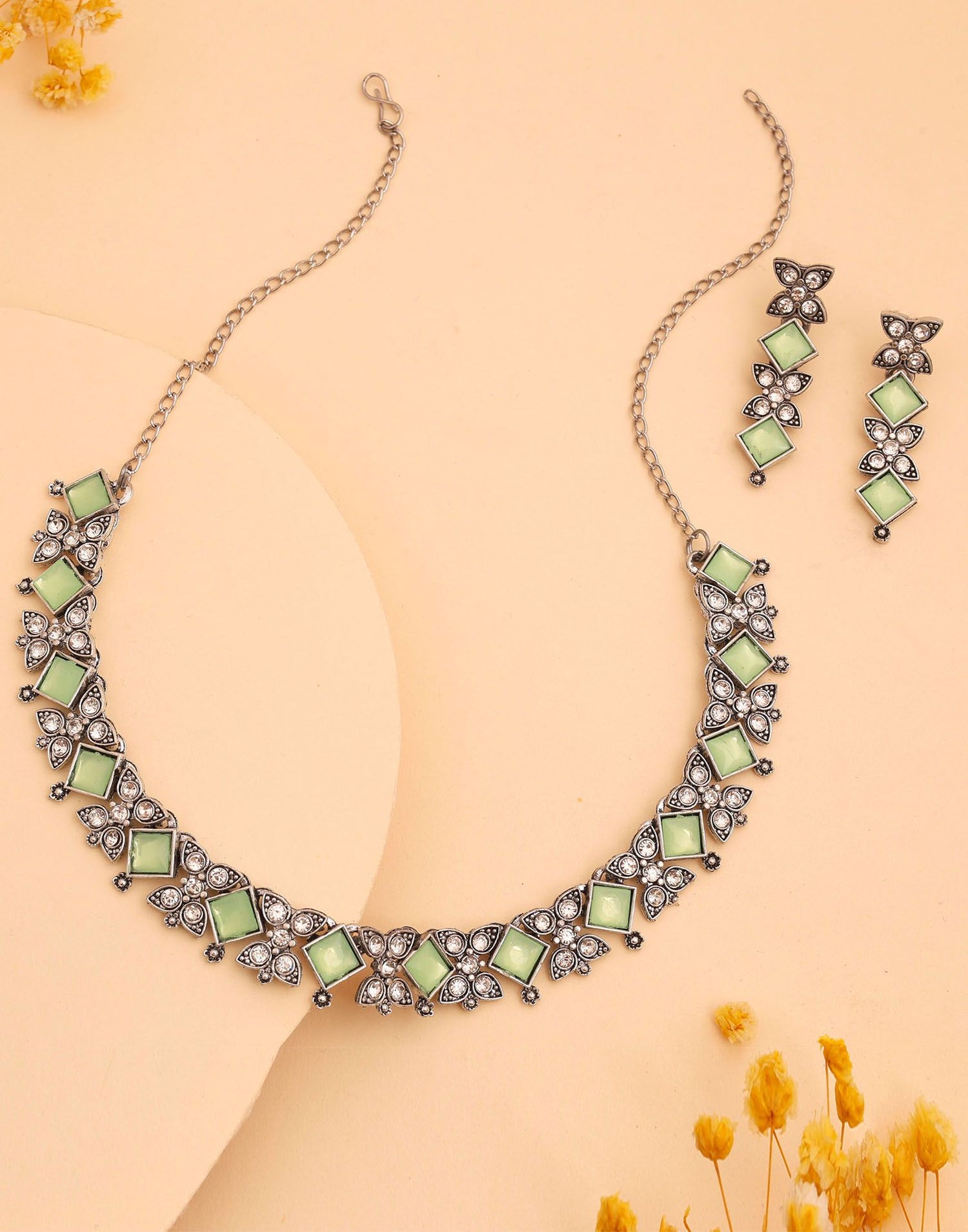 Green Silver Choker Necklace Set With Dangle Earring