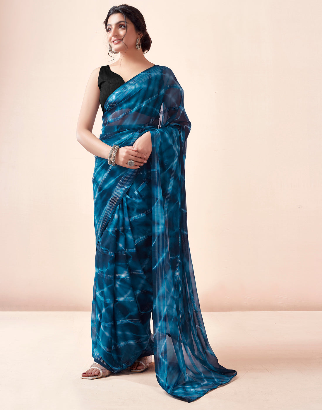 Ready to Wear Blue Georgette Printed Saree