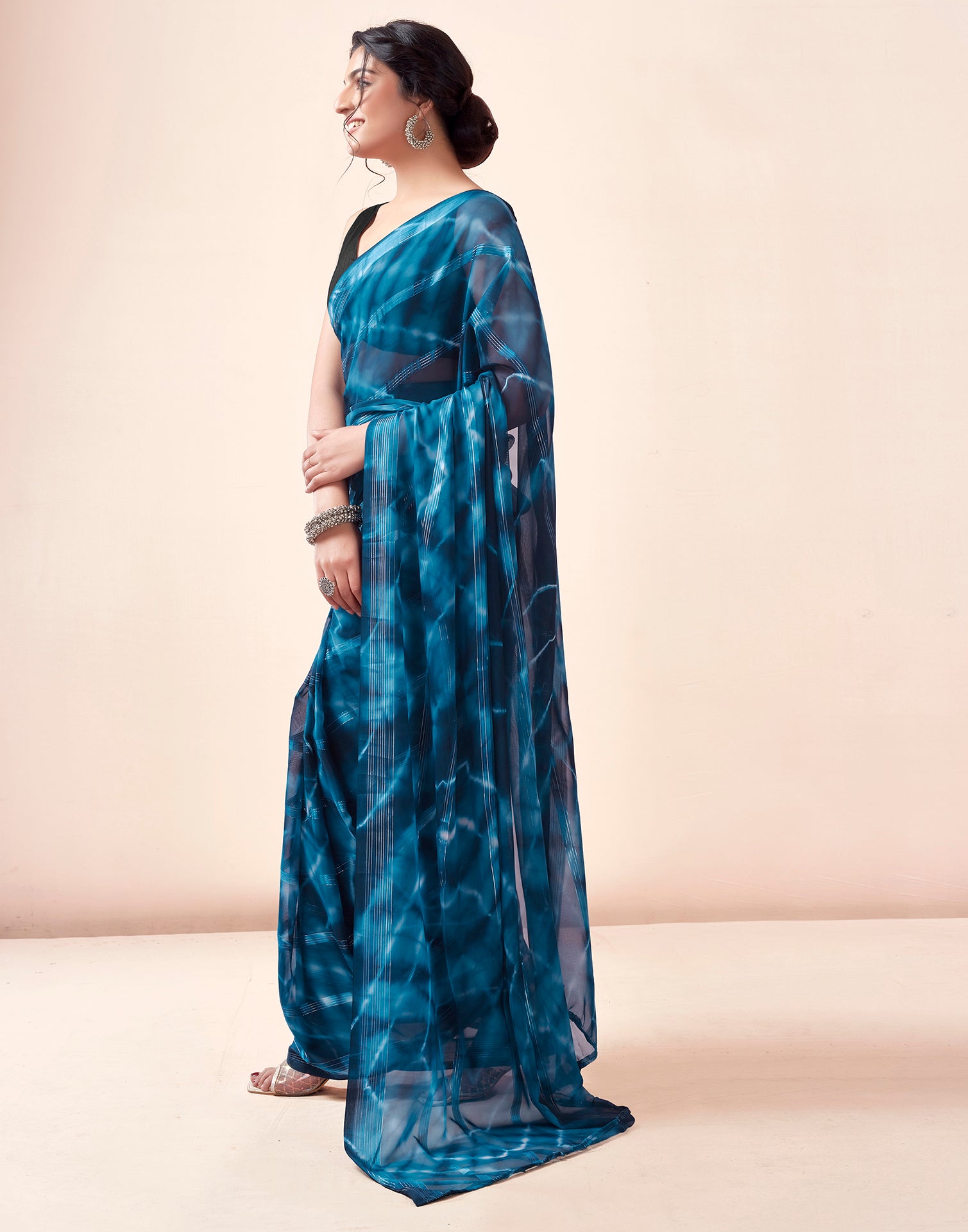 Ready to Wear Blue Georgette Printed Saree