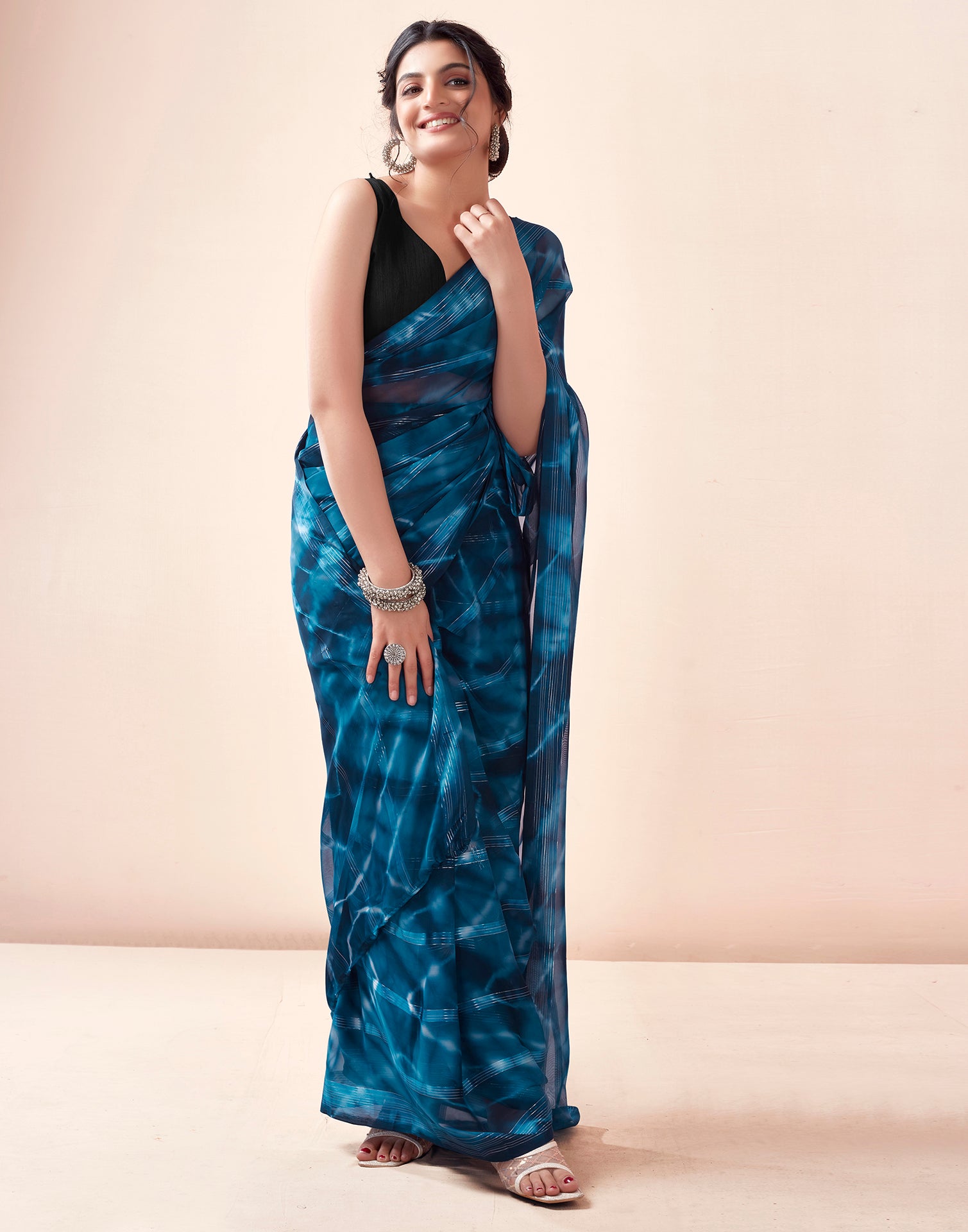 Ready to Wear Blue Georgette Printed Saree