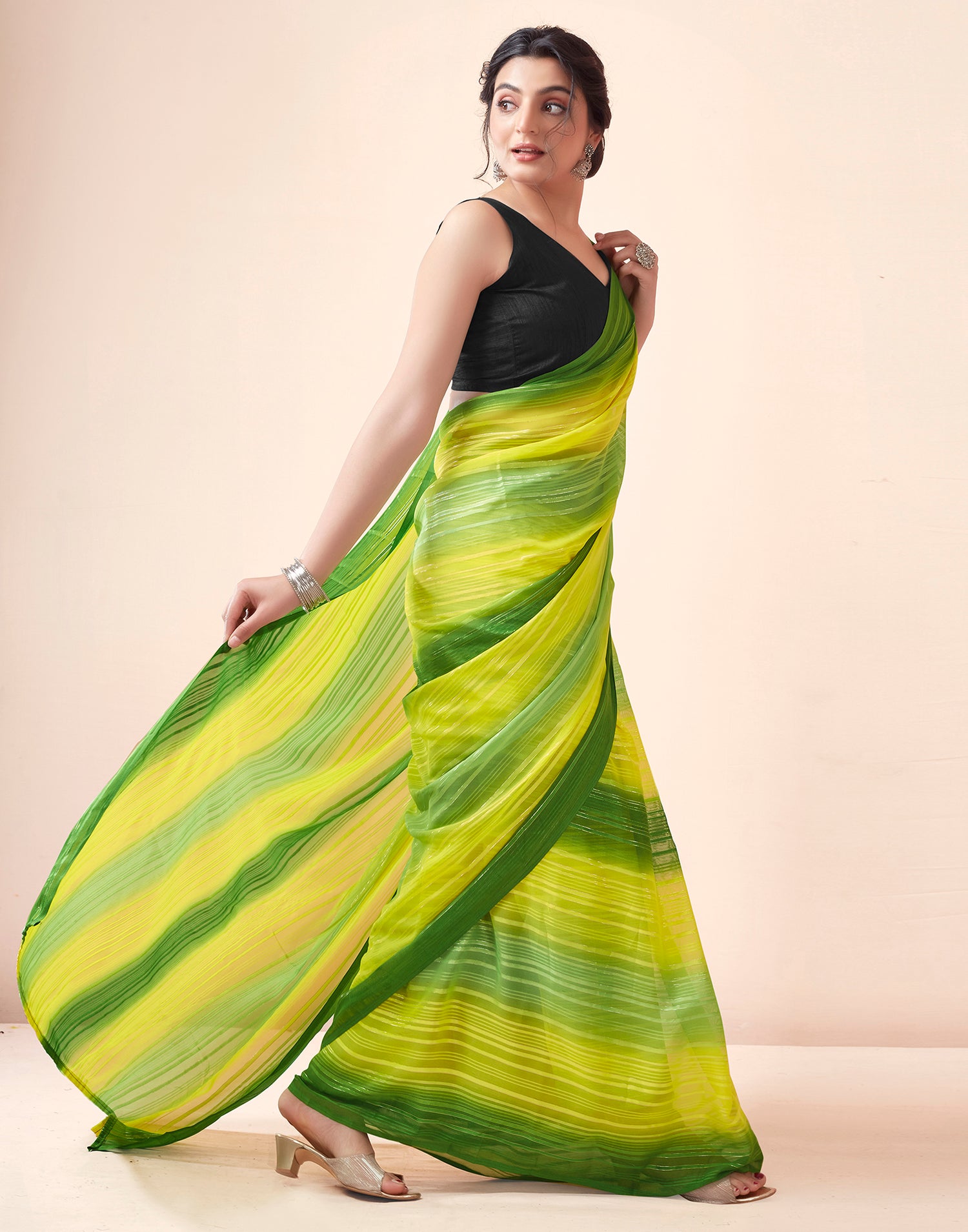 Ready to Wear Green Georgette Printed Saree