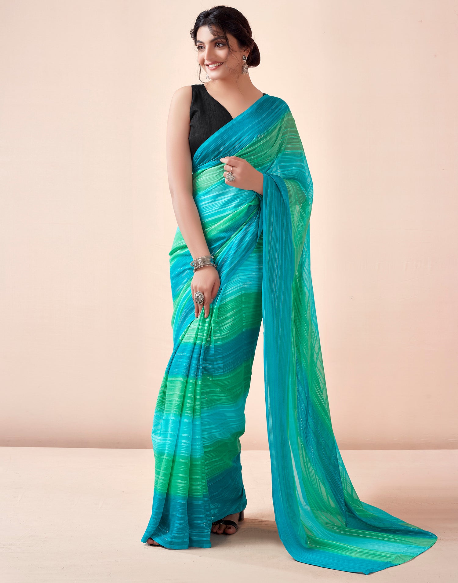 Ready to Wear Turquoise Georgette Printed Saree