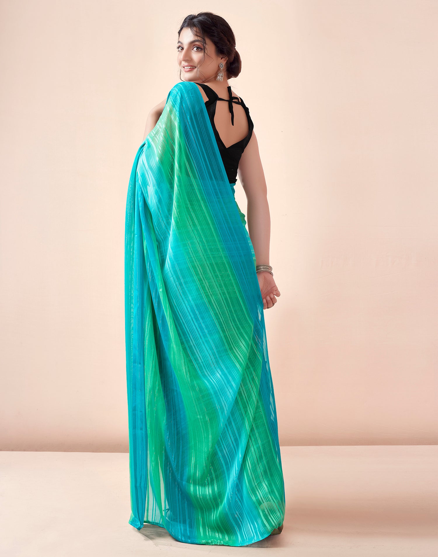 Ready to Wear Turquoise Georgette Printed Saree