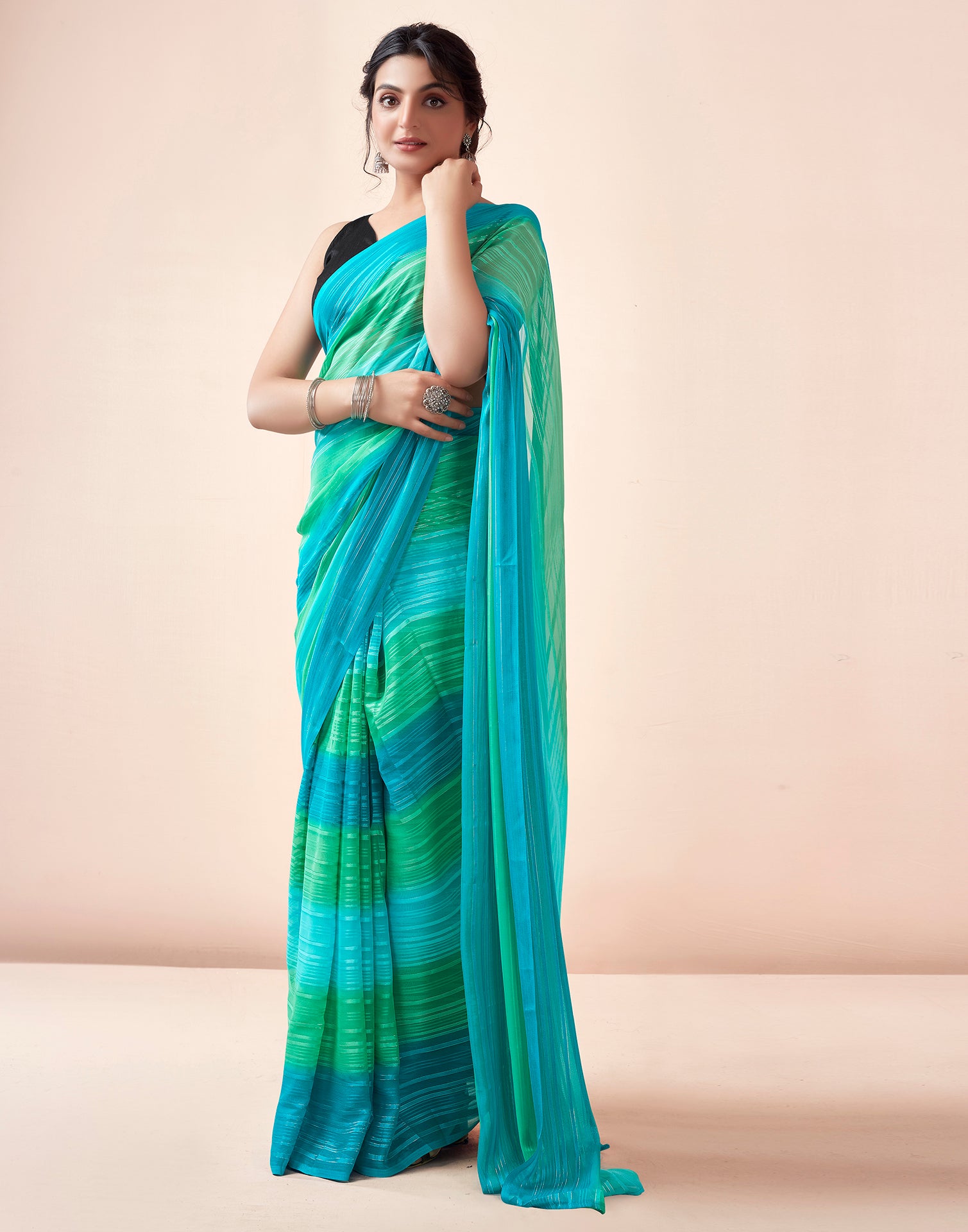 Ready to Wear Turquoise Georgette Printed Saree