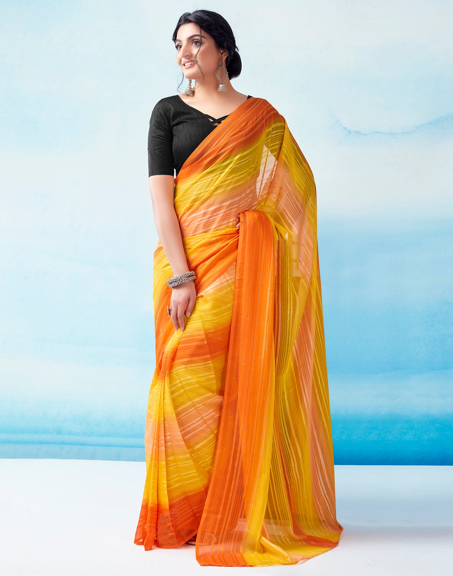 Ready to Wear Yellow Georgette Printed Saree