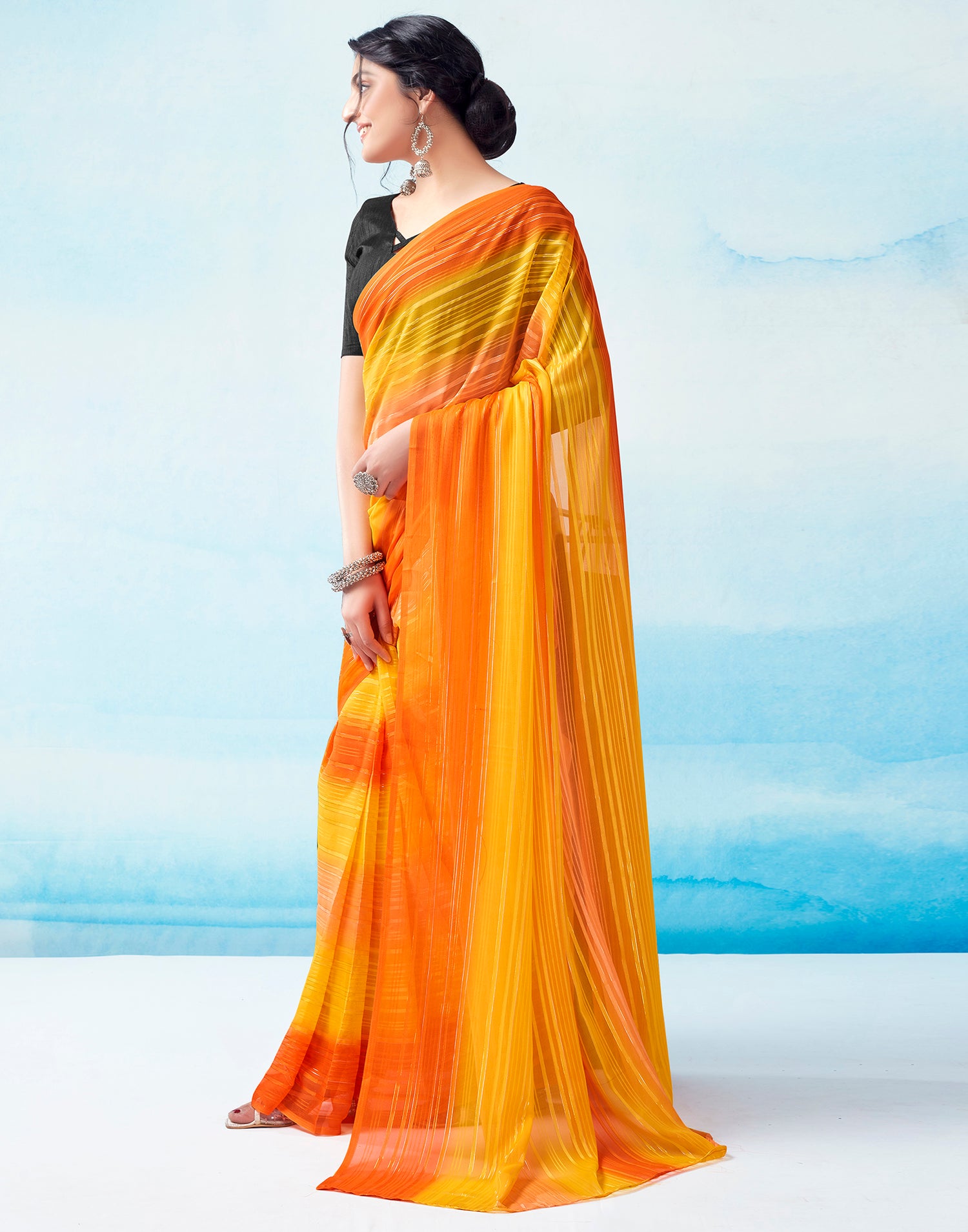 Ready to Wear Yellow Georgette Printed Saree