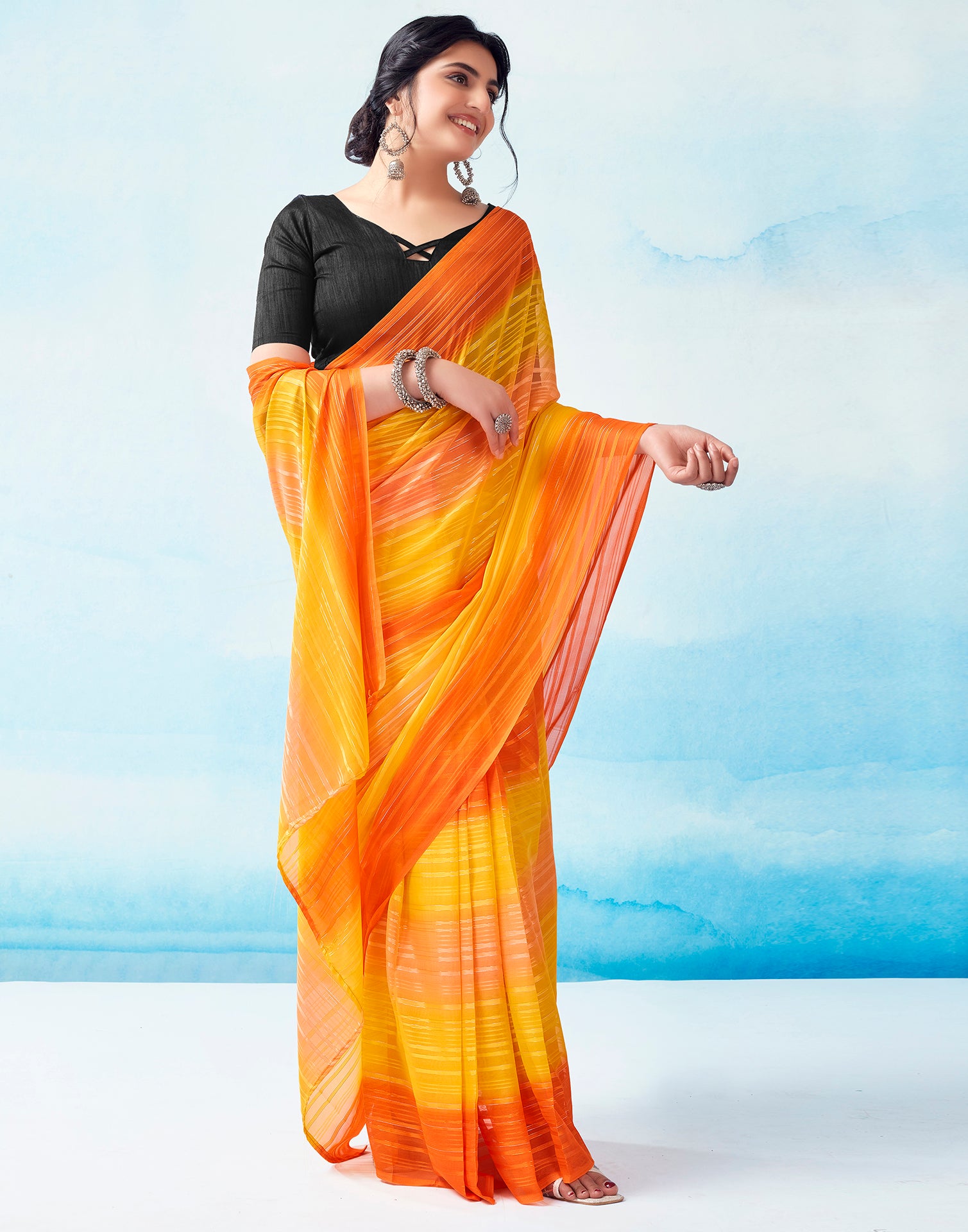 Ready to Wear Yellow Georgette Printed Saree