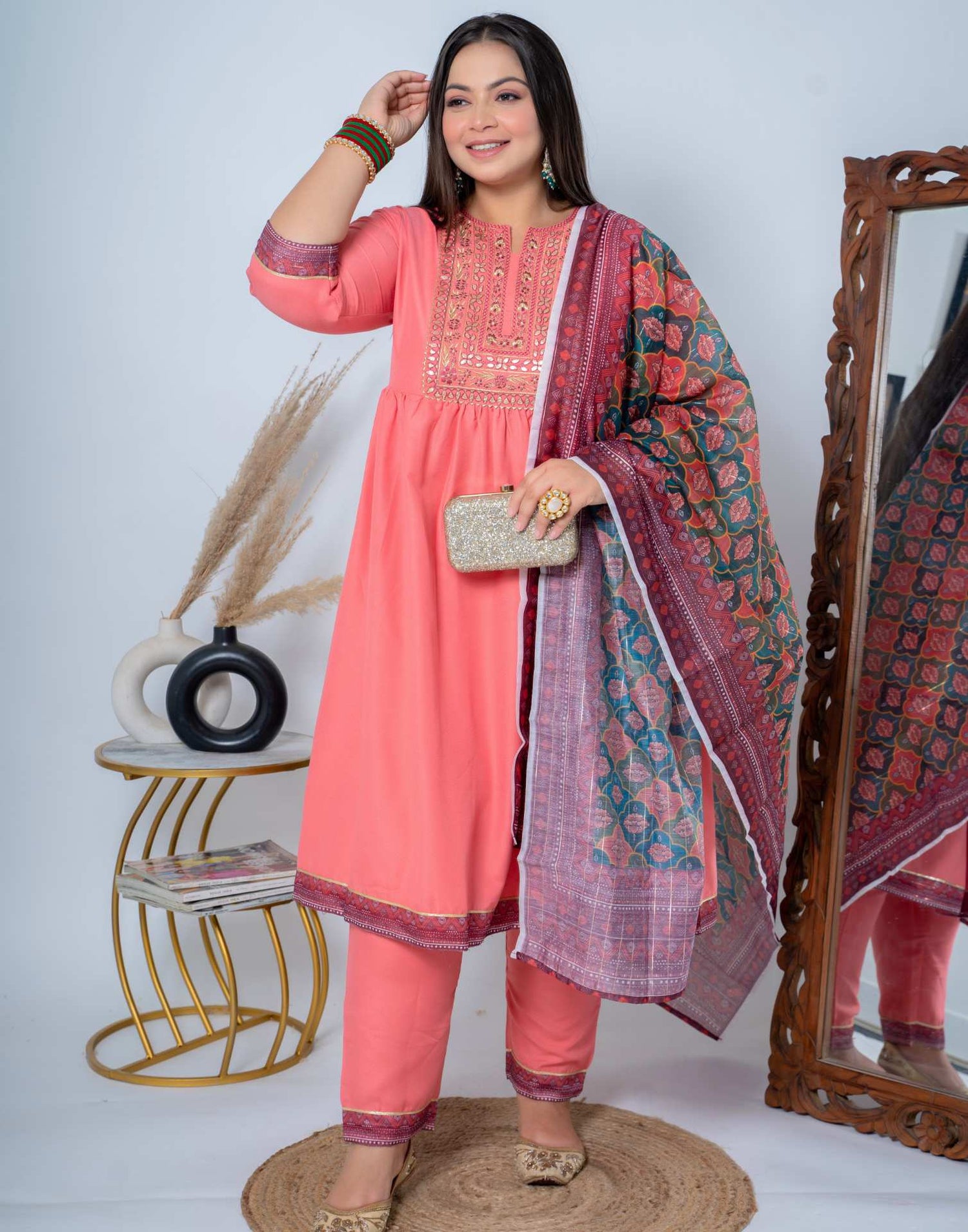 Peach Kurti With Pant And Dupatta | Leemboodi