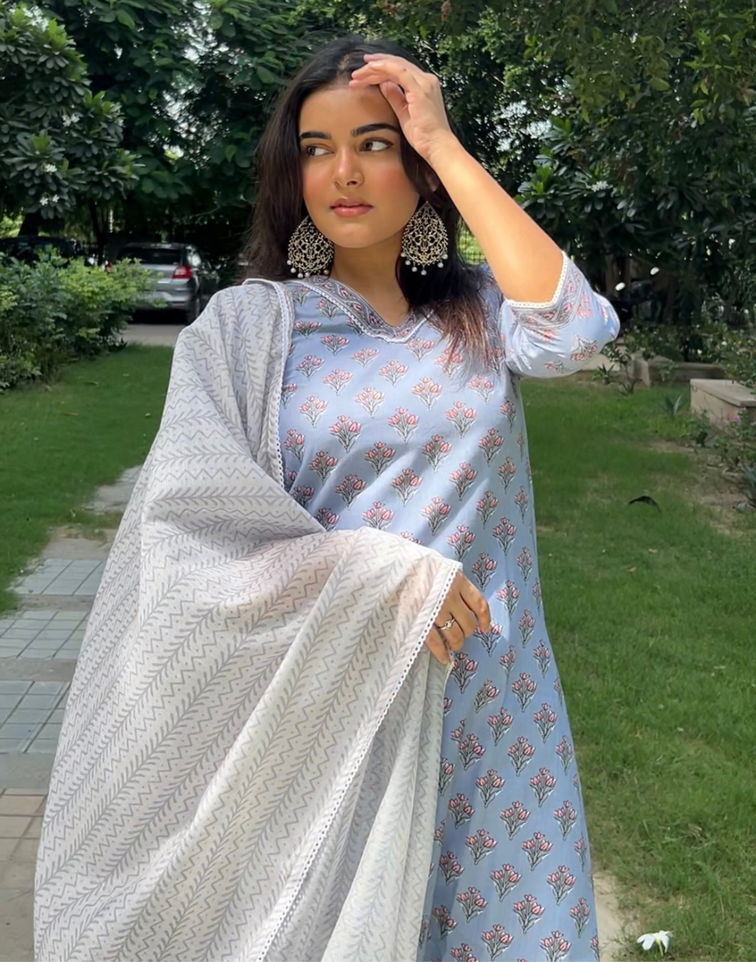 Light Blue Cotton Printed Straight Kurta With Pant And Dupatta