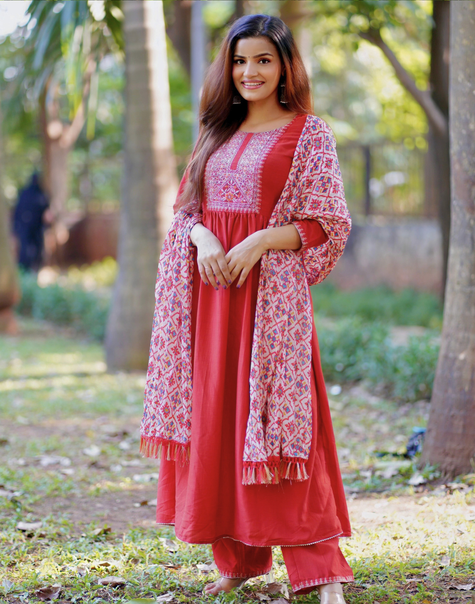 Orange Embroidery Flared Kurta With Pant And Dupatta