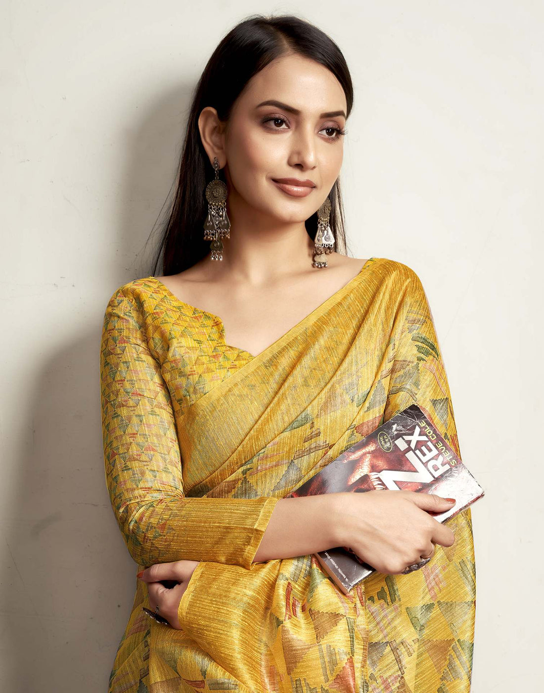 Yellow Geometric Printed Cotton Blend Saree