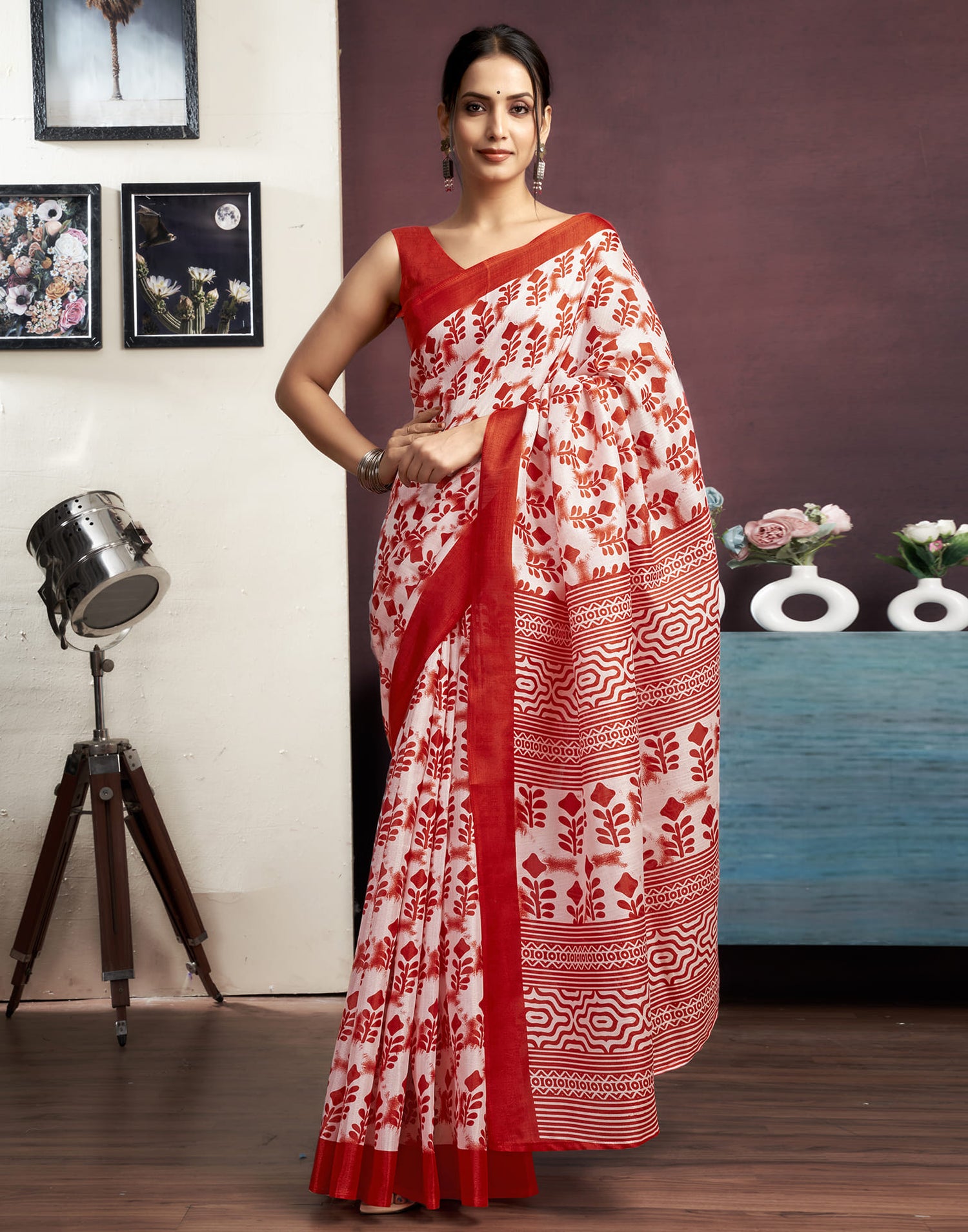 Beige Silk Printed Saree