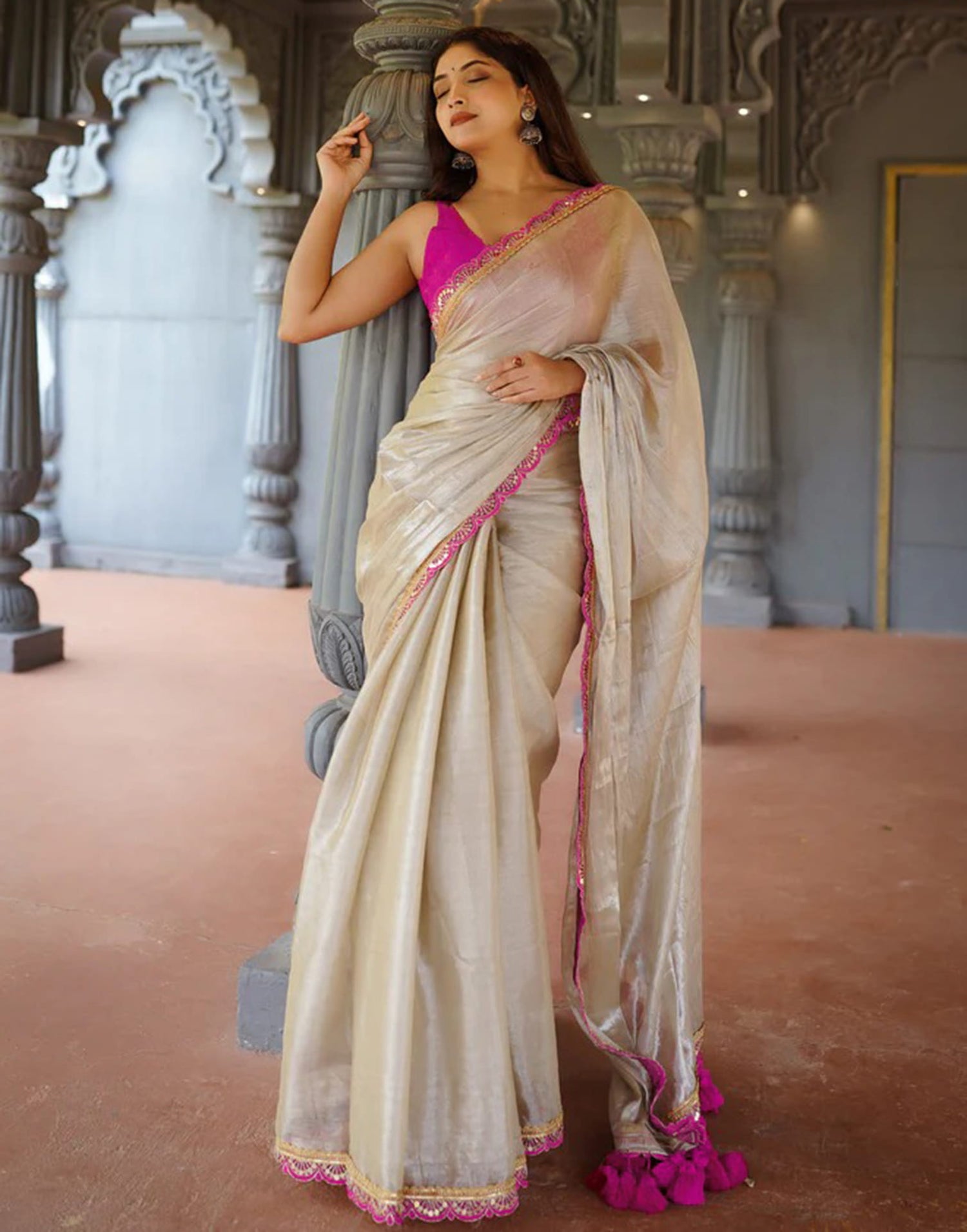 Beige Shimmer Dyed Solid Saree