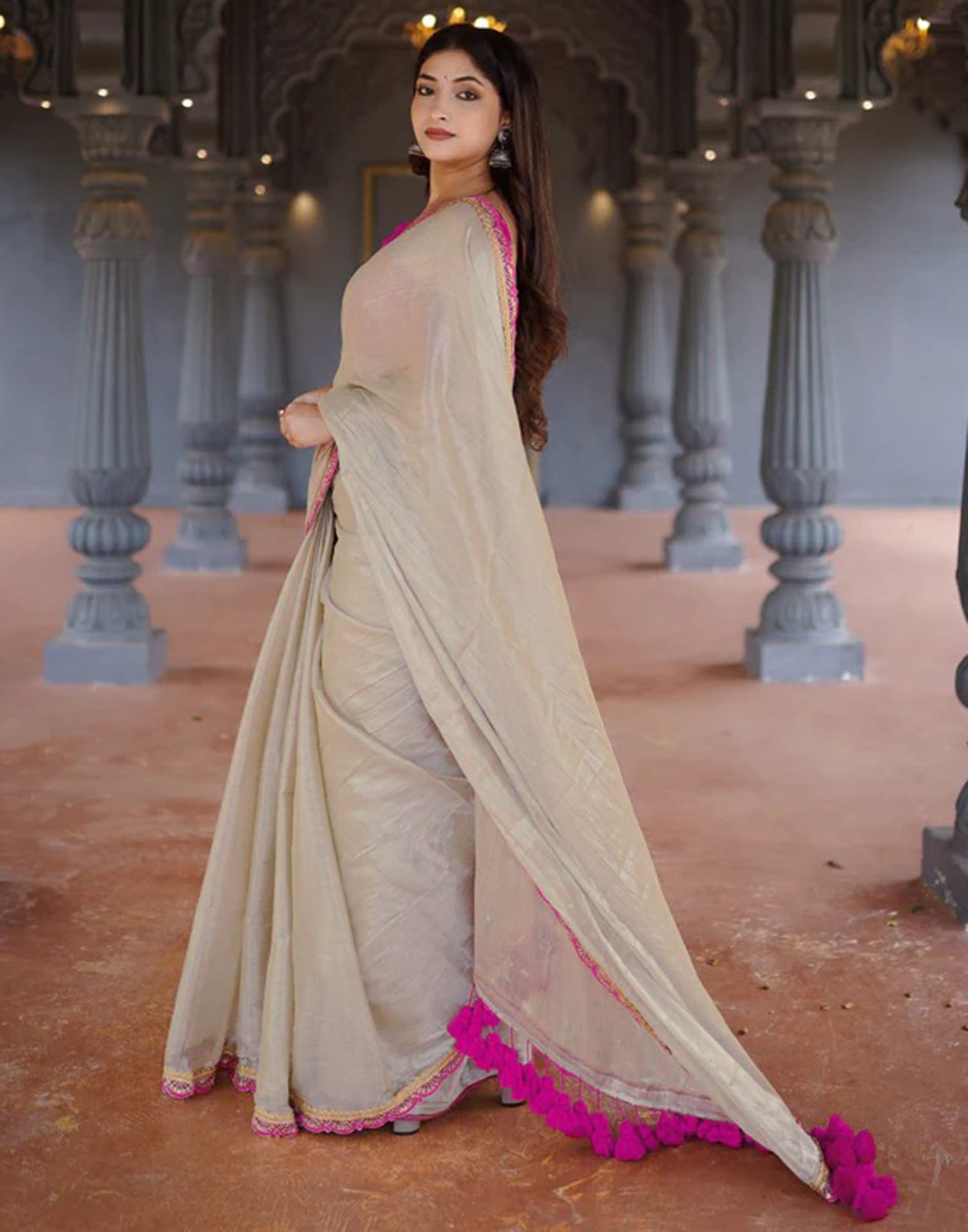 Beige Shimmer Dyed Solid Saree