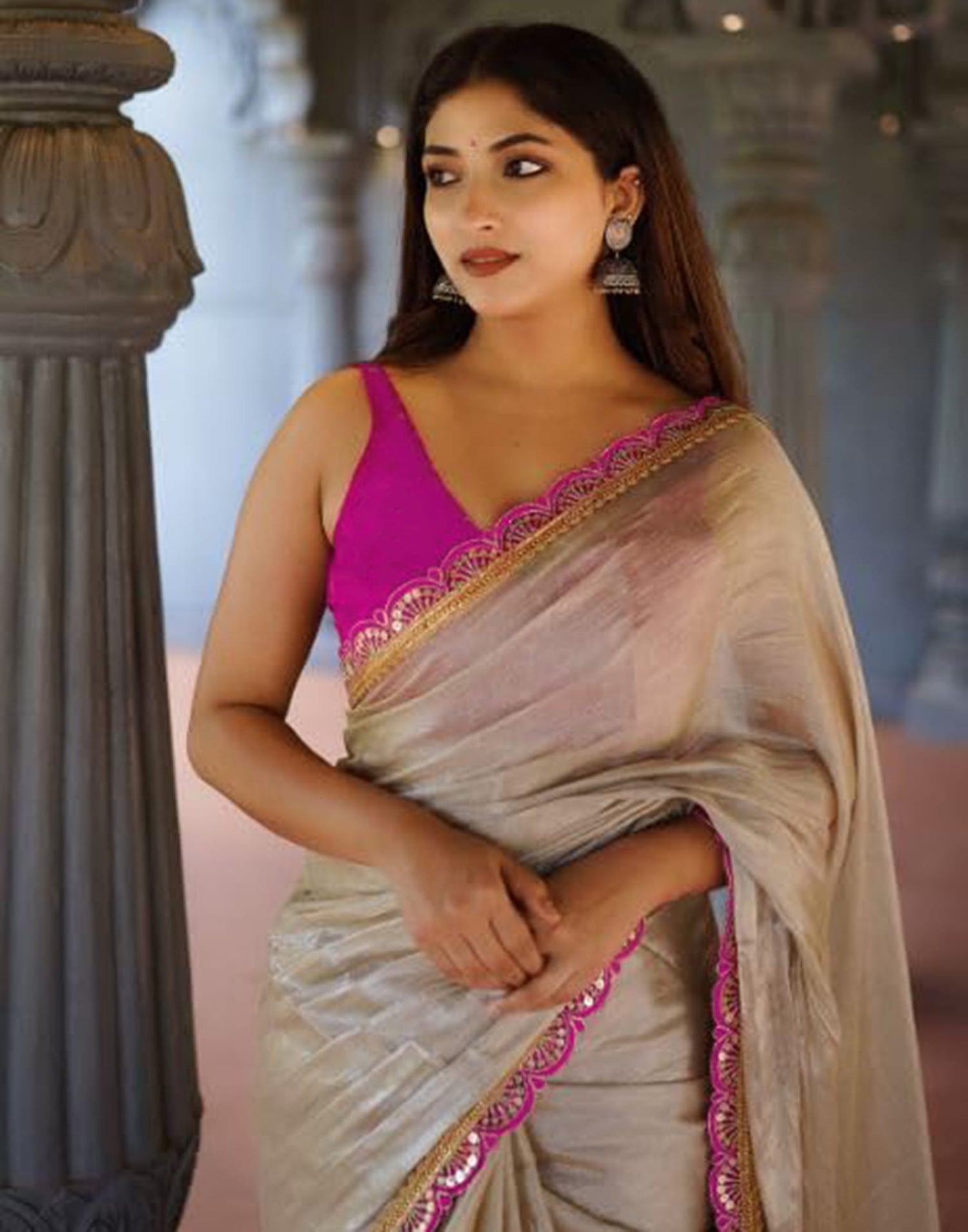 Beige Shimmer Dyed Solid Saree