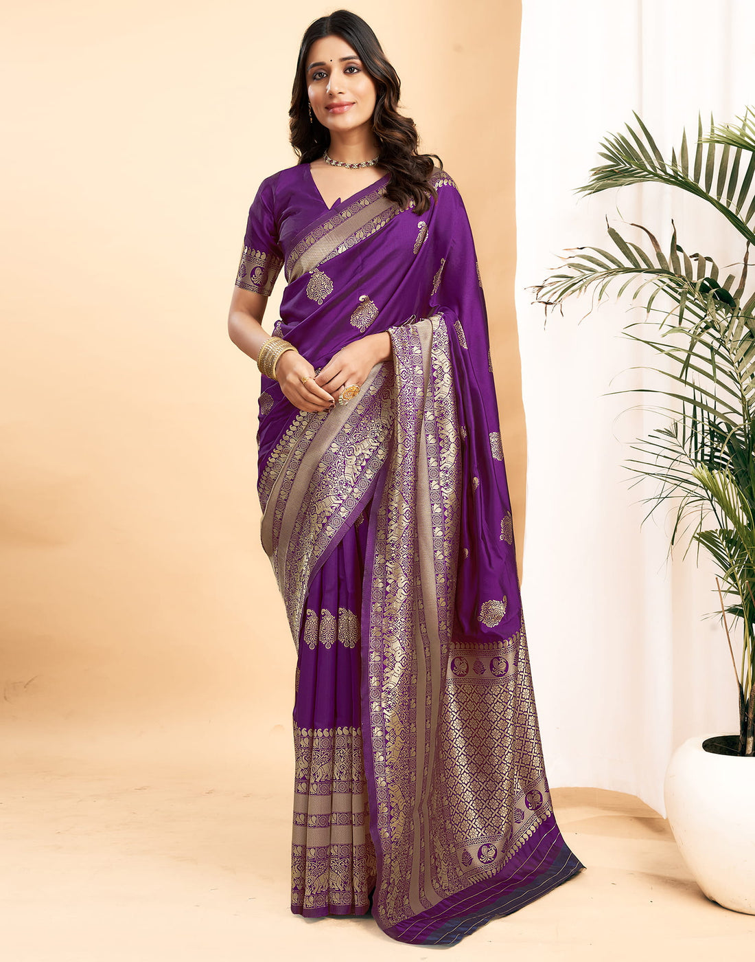 Purple Silk Blend Woven Kanjivaram Saree